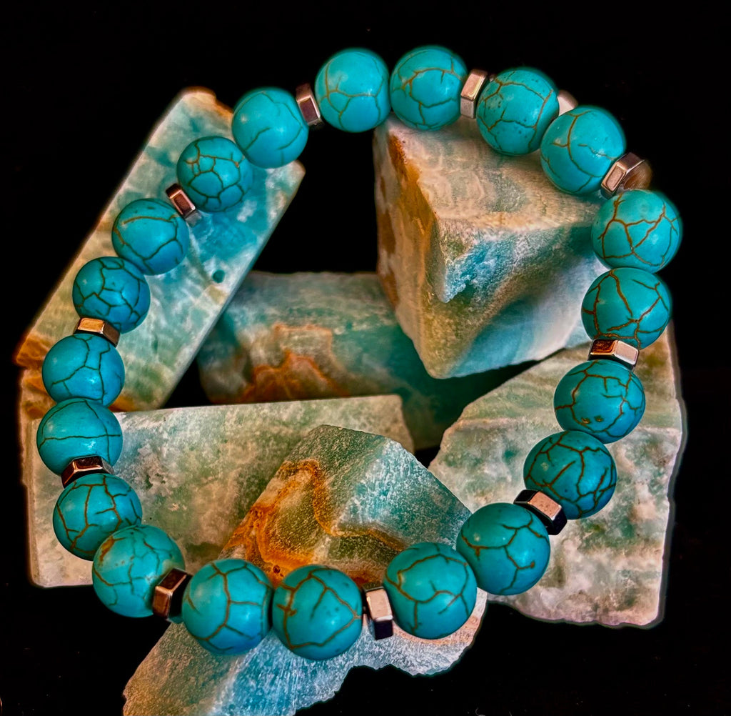 Turquoise Howlite Bracelet with Silver Spacers — Handmade in Puerto Vallarta — Calming Natural Stone Stretch Bracelet (6.75"–7.5" Medium to Large Wrists) | | Wiccan Center