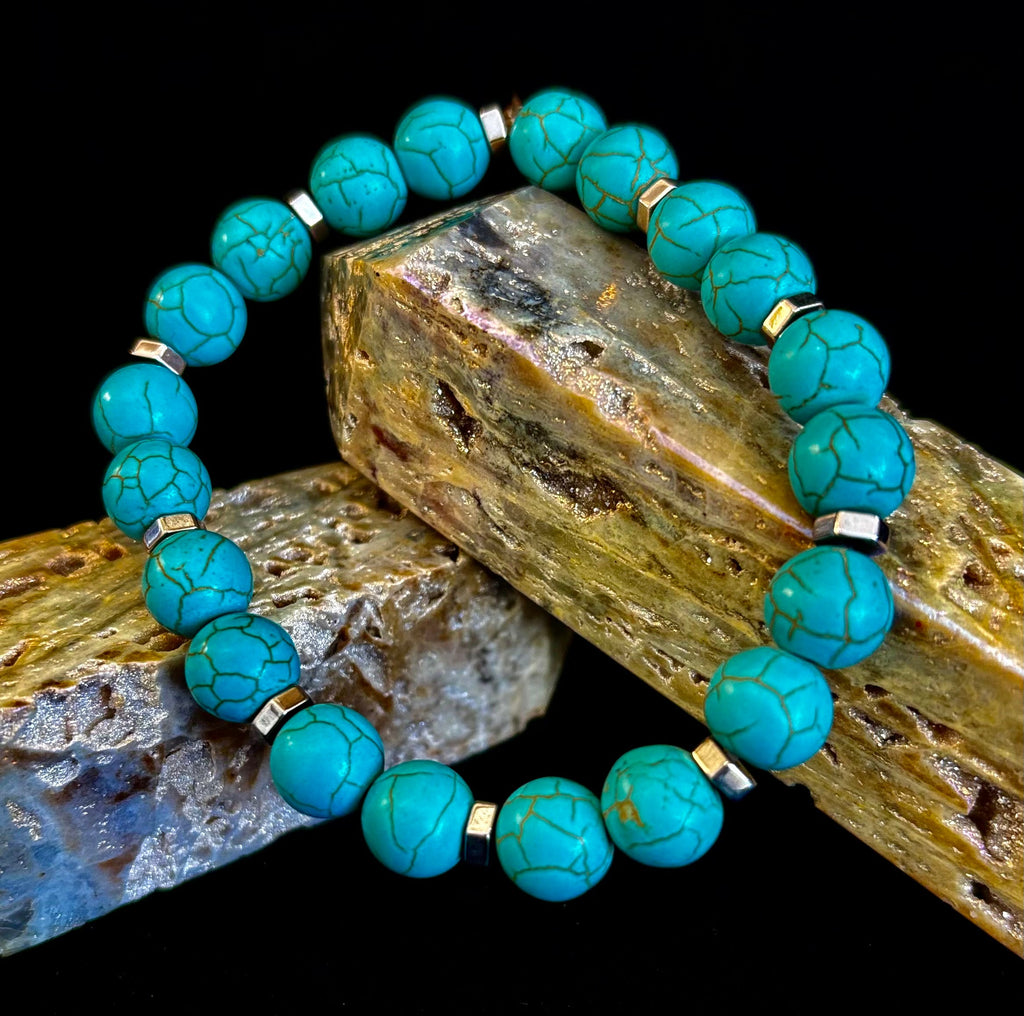 Turquoise Howlite Bracelet with Silver Spacers — Handmade in Puerto Vallarta — Calming Natural Stone Stretch Bracelet (6.75"–7.5" Medium to Large Wrists) | | Wiccan Center
