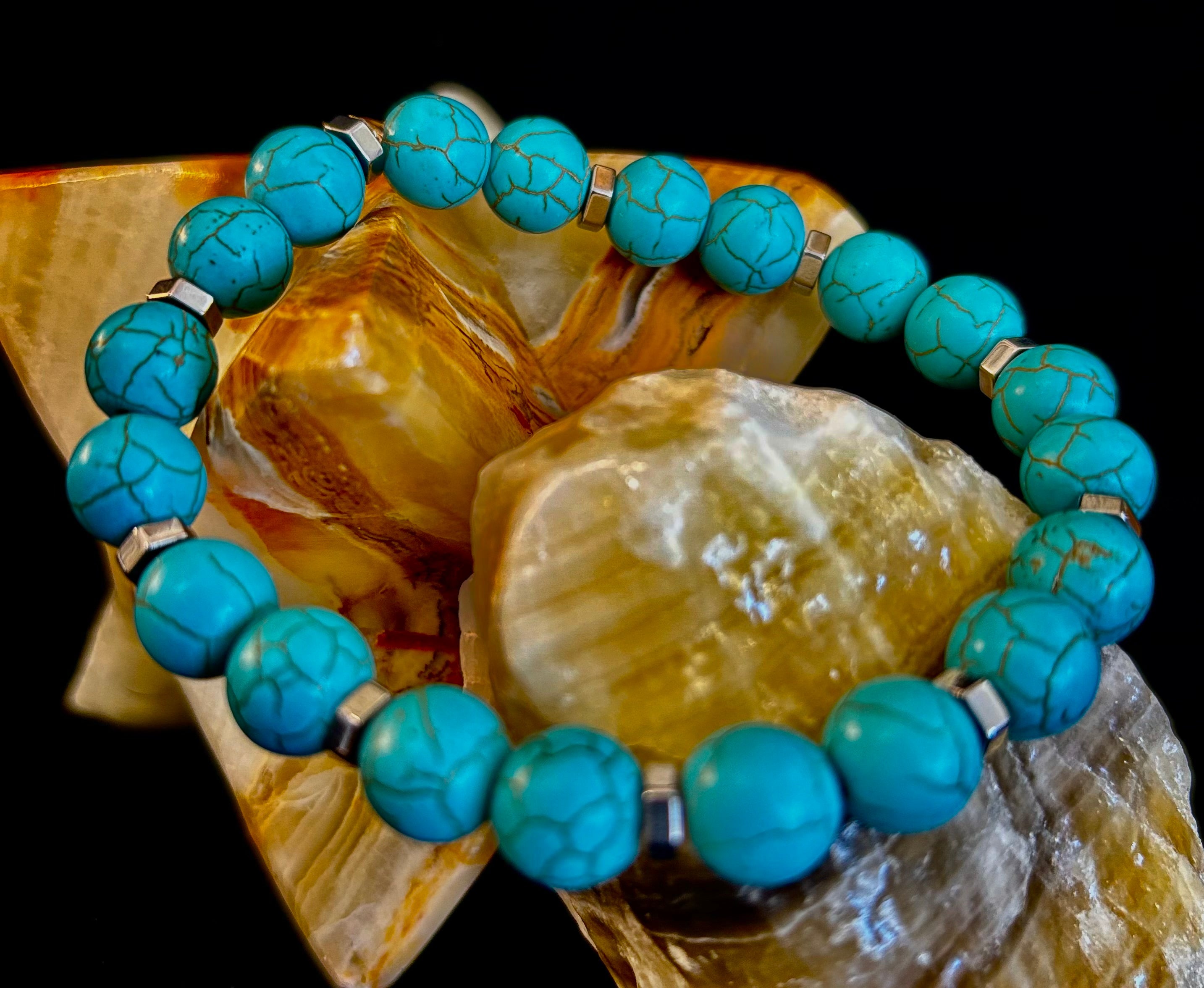 Turquoise Howlite Bracelet with Silver Spacers — Handmade in Puerto Vallarta — Calming Natural Stone Stretch Bracelet (6.75"–7.5" Medium to Large Wrists) | | Wiccan Center