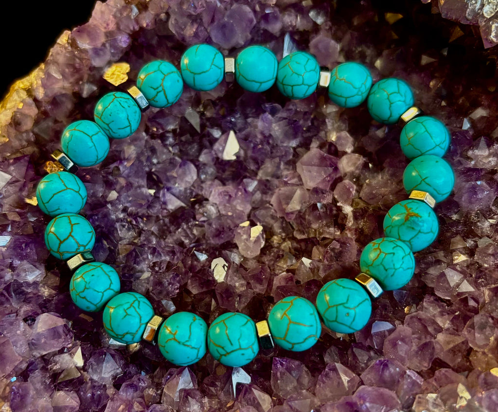 Turquoise Howlite Bracelet with Silver Spacers — Handmade in Puerto Vallarta — Calming Natural Stone Stretch Bracelet (6.75"–7.5" Medium to Large Wrists) | | Wiccan Center
