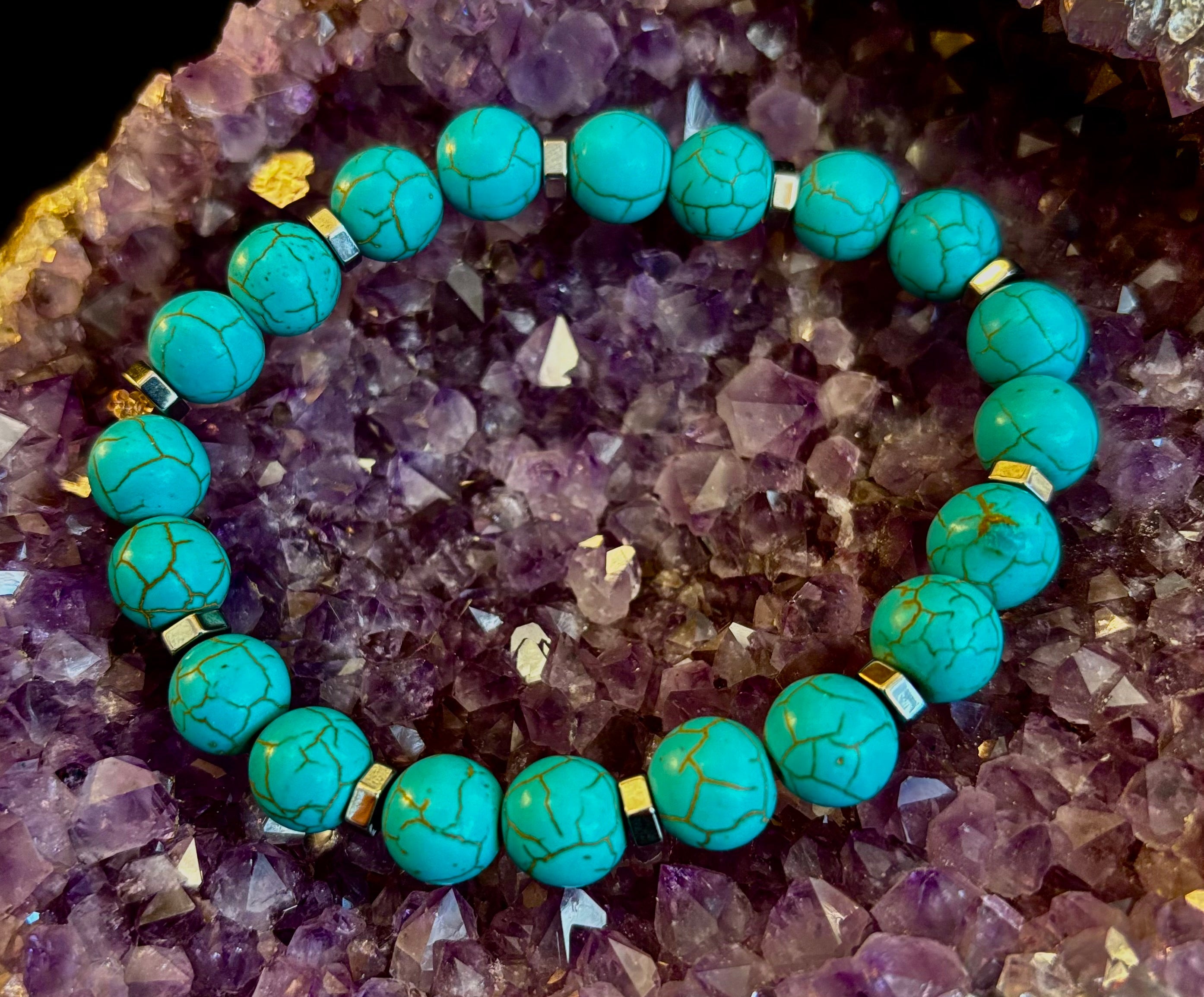 Turquoise Howlite Bracelet with Silver Spacers — Handmade in Puerto Vallarta — Calming Natural Stone Stretch Bracelet (6.75"–7.5" Medium to Large Wrists) | | Wiccan Center