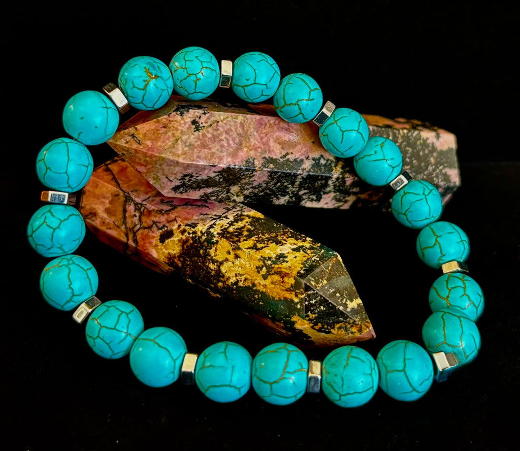 Turquoise Howlite Bracelet with Silver Spacers — Handmade in Puerto Vallarta — Calming Natural Stone Stretch Bracelet (6.75"–7.5" Medium to Large Wrists) | | Wiccan Center
