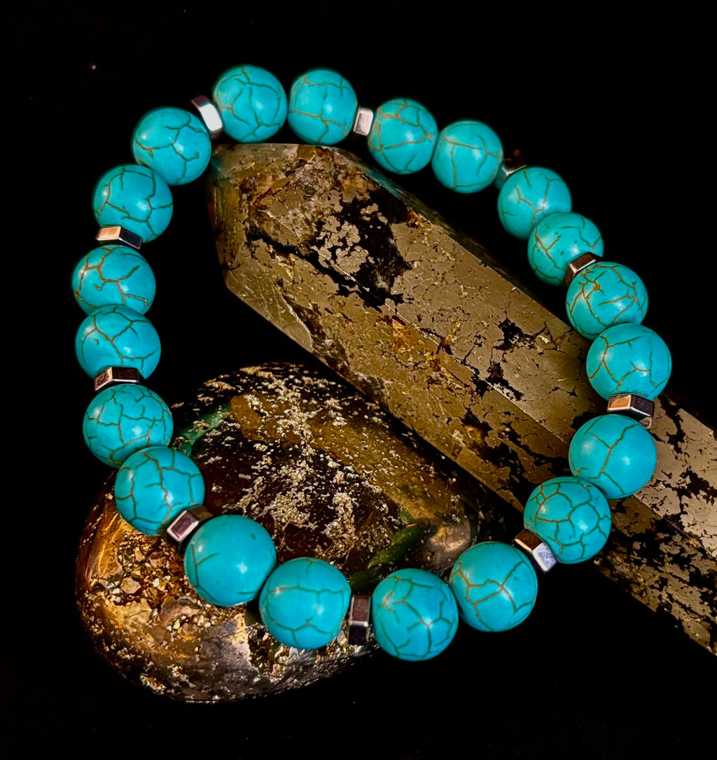 Turquoise Howlite Bracelet with Silver Spacers — Handmade in Puerto Vallarta — Calming Natural Stone Stretch Bracelet (6.75"–7.5" Medium to Large Wrists) | | Wiccan Center
