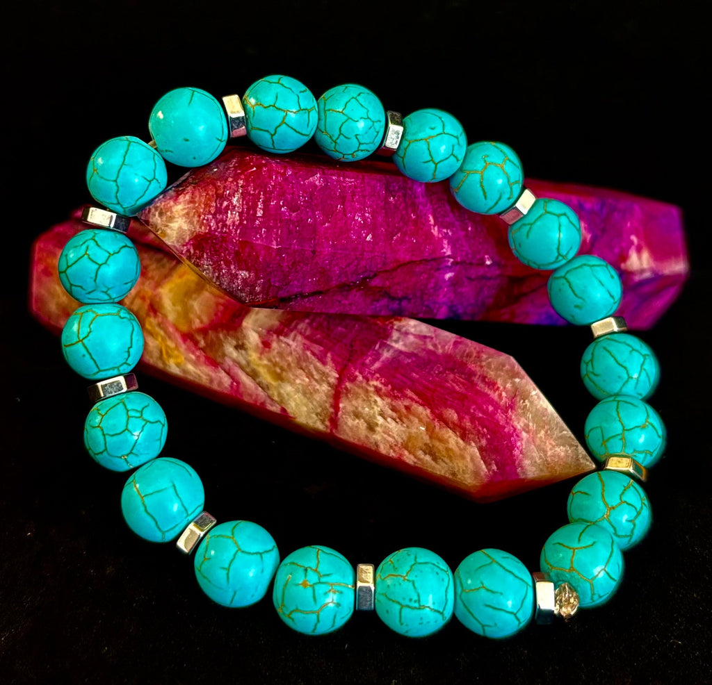 Turquoise Howlite Bracelet with Silver Spacers — Handmade in Puerto Vallarta — Calming Natural Stone Stretch Bracelet (6.75"–7.5" Medium to Large Wrists) | | Wiccan Center