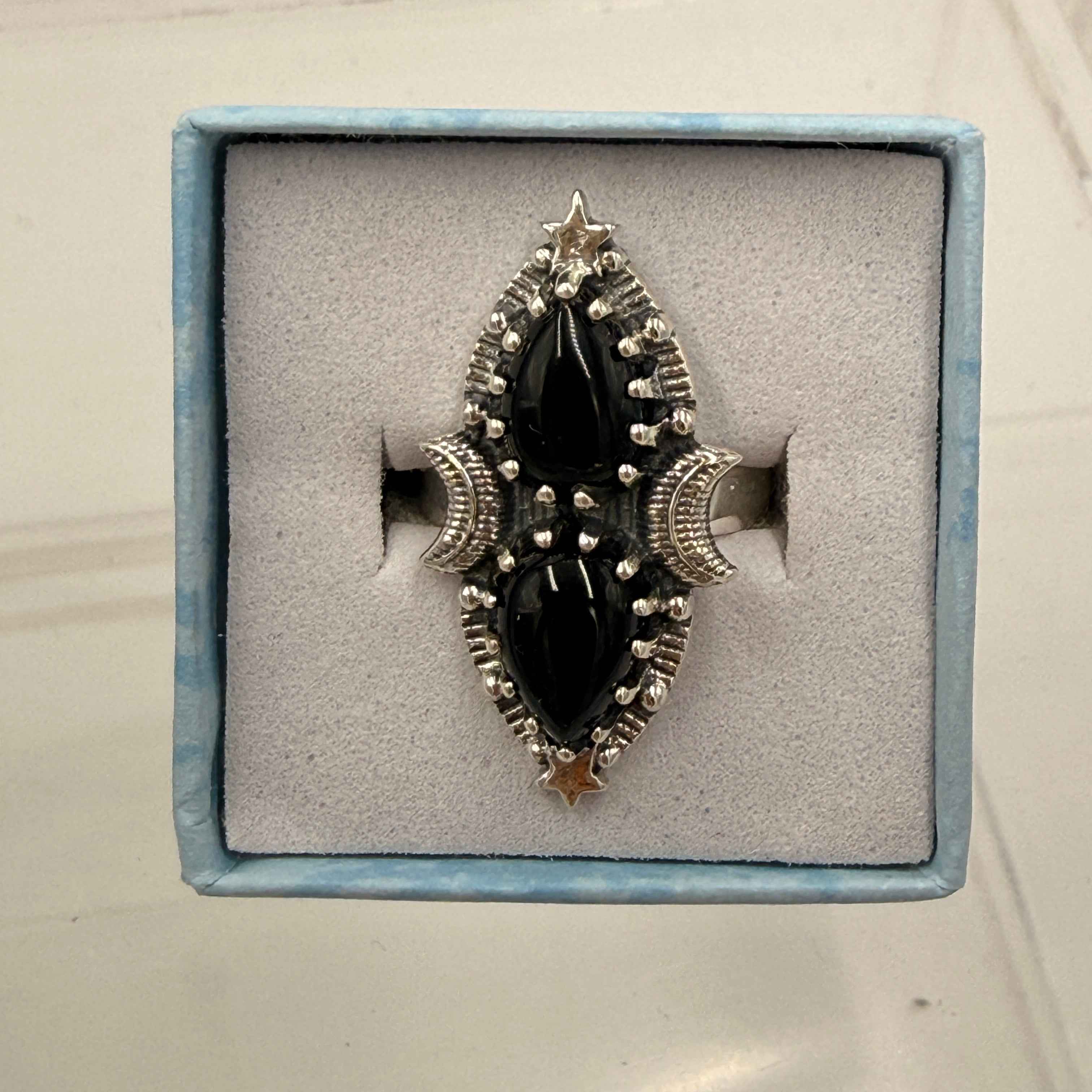 Sterling Silver Double Teardrop Celestial Black Onyx Ring - Size 6 - Protective, Grounding & Stabilizing | Rings | Wiccan Center
