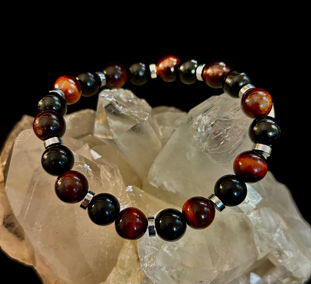Tiger’s Eye & Black Onyx Power Bracelet — Handmade in Puerto Vallarta Mexico — Protection & Confidence Stone Bracelet for Large Wrists | | Wiccan Center