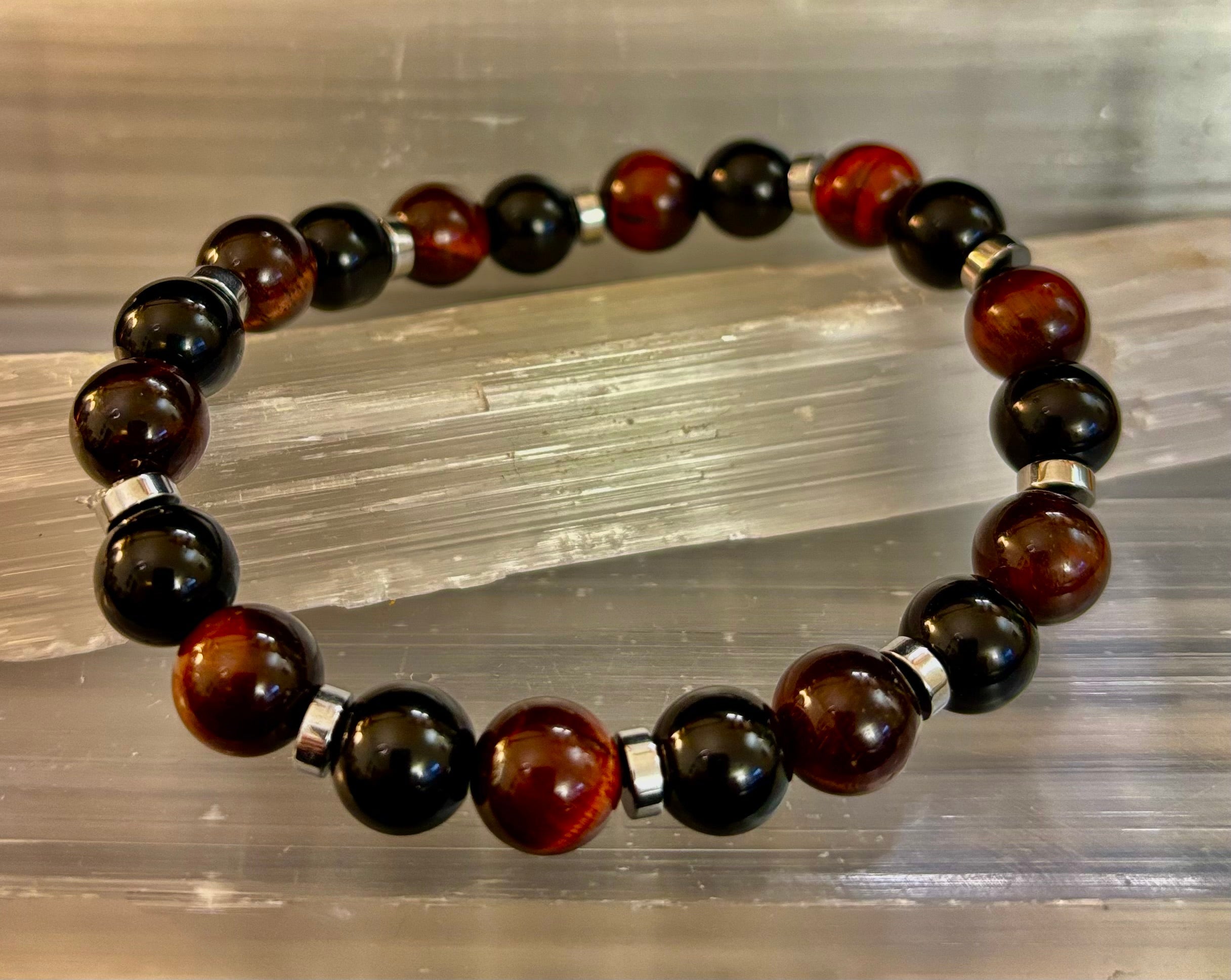 Tiger’s Eye & Black Onyx Power Bracelet — Handmade in Puerto Vallarta Mexico — Protection & Confidence Stone Bracelet for Large Wrists | | Wiccan Center