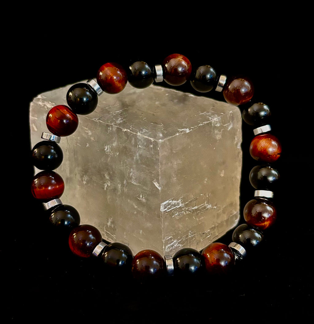 Tiger’s Eye & Black Onyx Power Bracelet — Handmade in Puerto Vallarta Mexico — Protection & Confidence Stone Bracelet for Large Wrists | | Wiccan Center