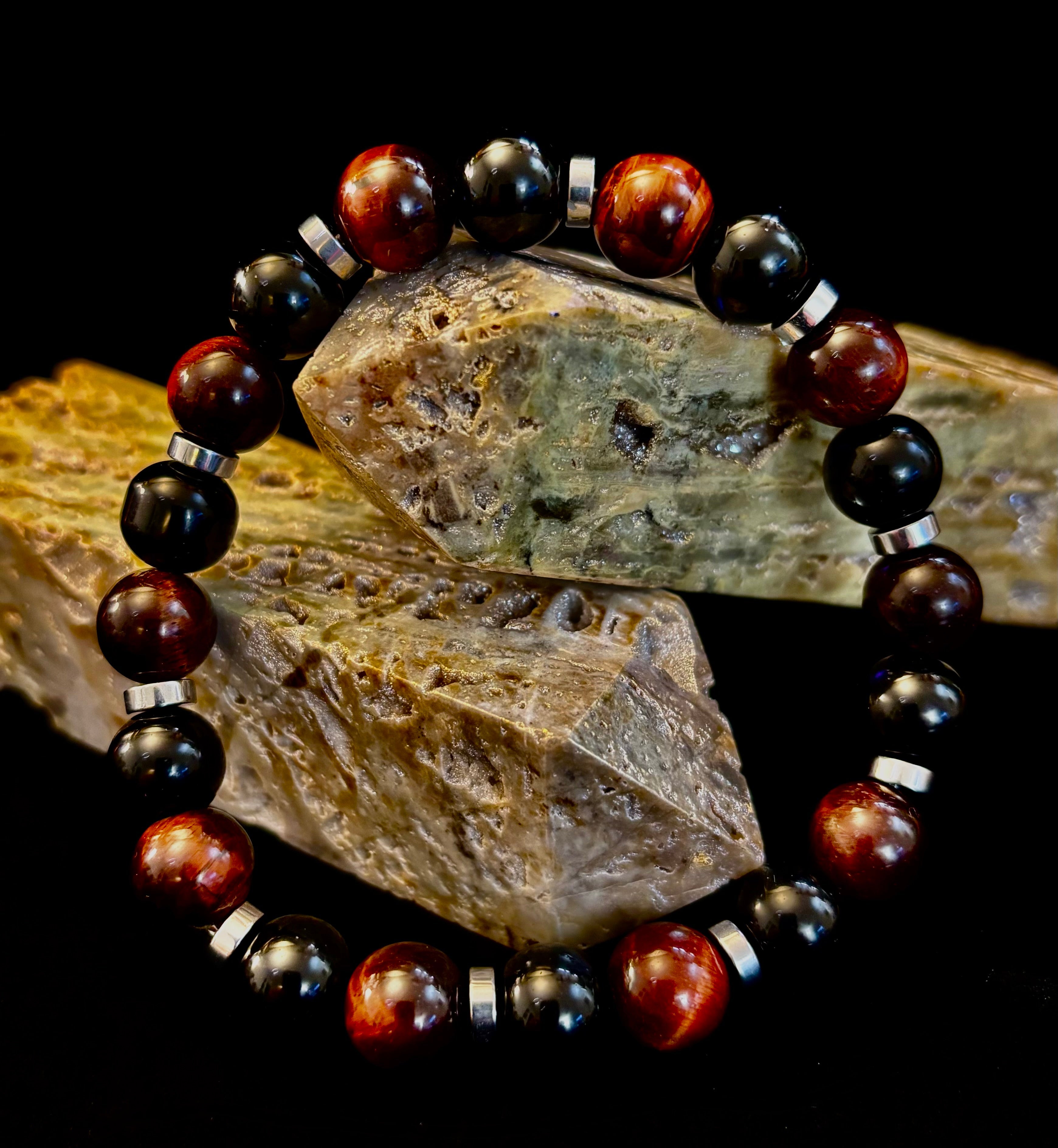 Tiger’s Eye & Black Onyx Power Bracelet — Handmade in Puerto Vallarta Mexico — Protection & Confidence Stone Bracelet for Large Wrists | | Wiccan Center