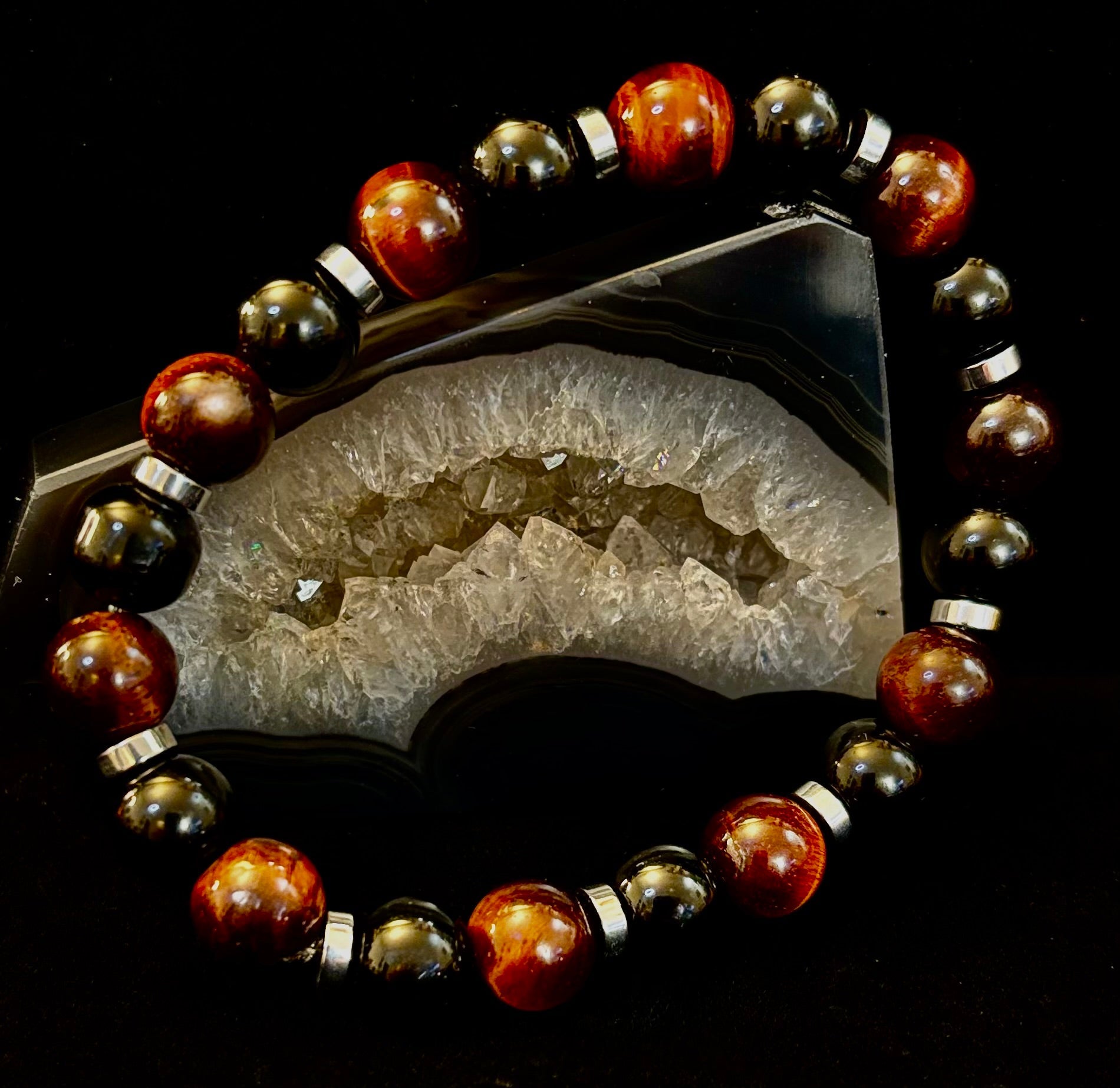 Tiger’s Eye & Black Onyx Power Bracelet — Handmade in Puerto Vallarta Mexico — Protection & Confidence Stone Bracelet for Large Wrists | | Wiccan Center