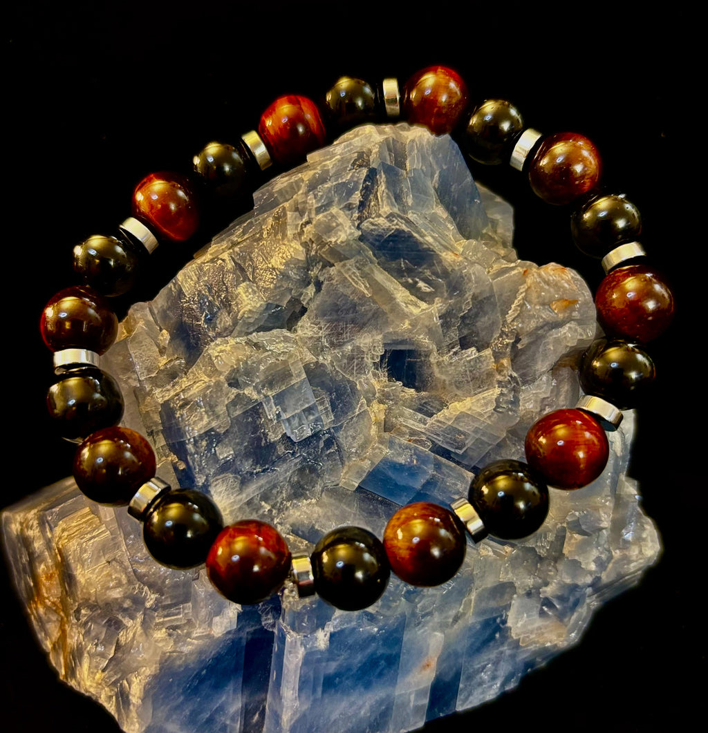 Tiger’s Eye & Black Onyx Power Bracelet — Handmade in Puerto Vallarta Mexico — Protection & Confidence Stone Bracelet for Large Wrists | | Wiccan Center