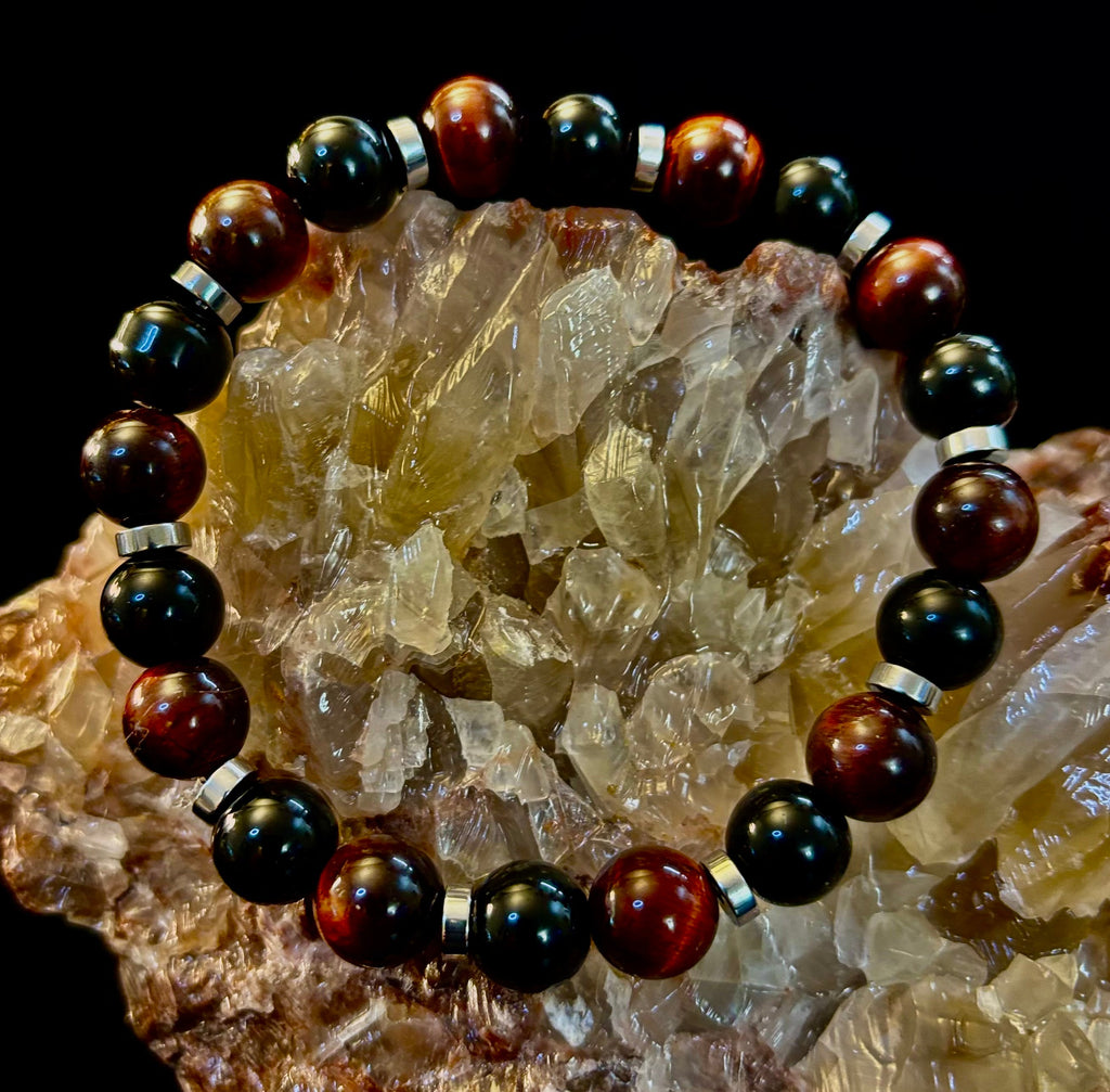 Tiger’s Eye & Black Onyx Power Bracelet — Handmade in Puerto Vallarta Mexico — Protection & Confidence Stone Bracelet for Large Wrists | | Wiccan Center