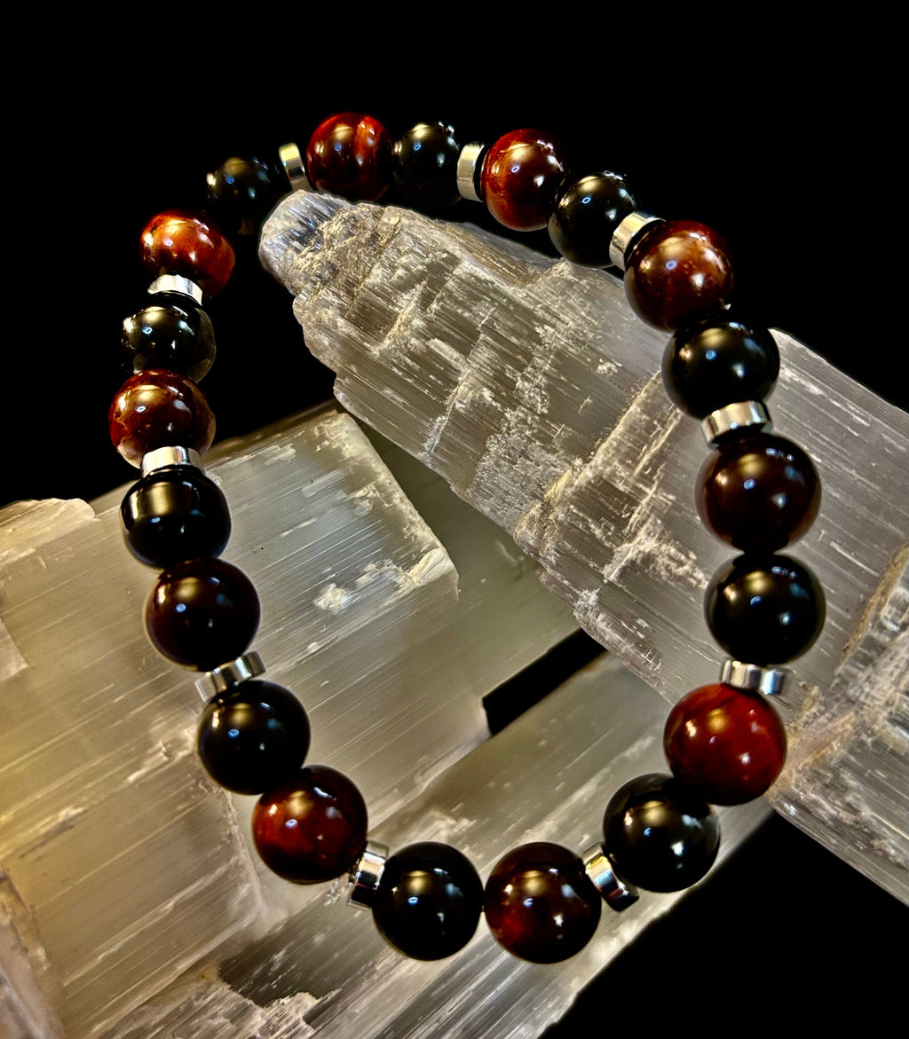 Tiger’s Eye & Black Onyx Power Bracelet — Handmade in Puerto Vallarta Mexico — Protection & Confidence Stone Bracelet for Large Wrists | | Wiccan Center