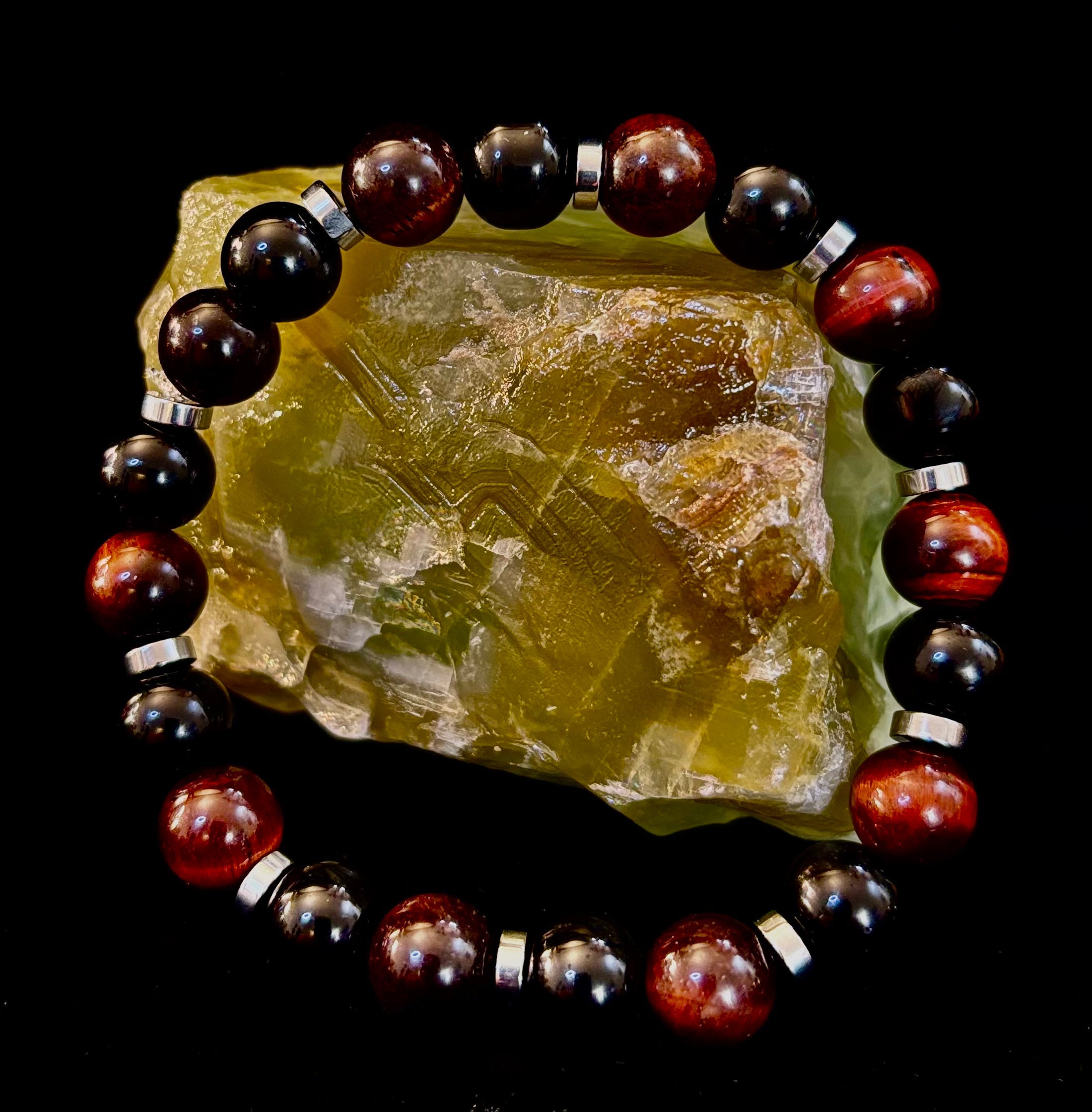 Tiger’s Eye & Black Onyx Power Bracelet — Handmade in Puerto Vallarta Mexico — Protection & Confidence Stone Bracelet for Large Wrists | | Wiccan Center