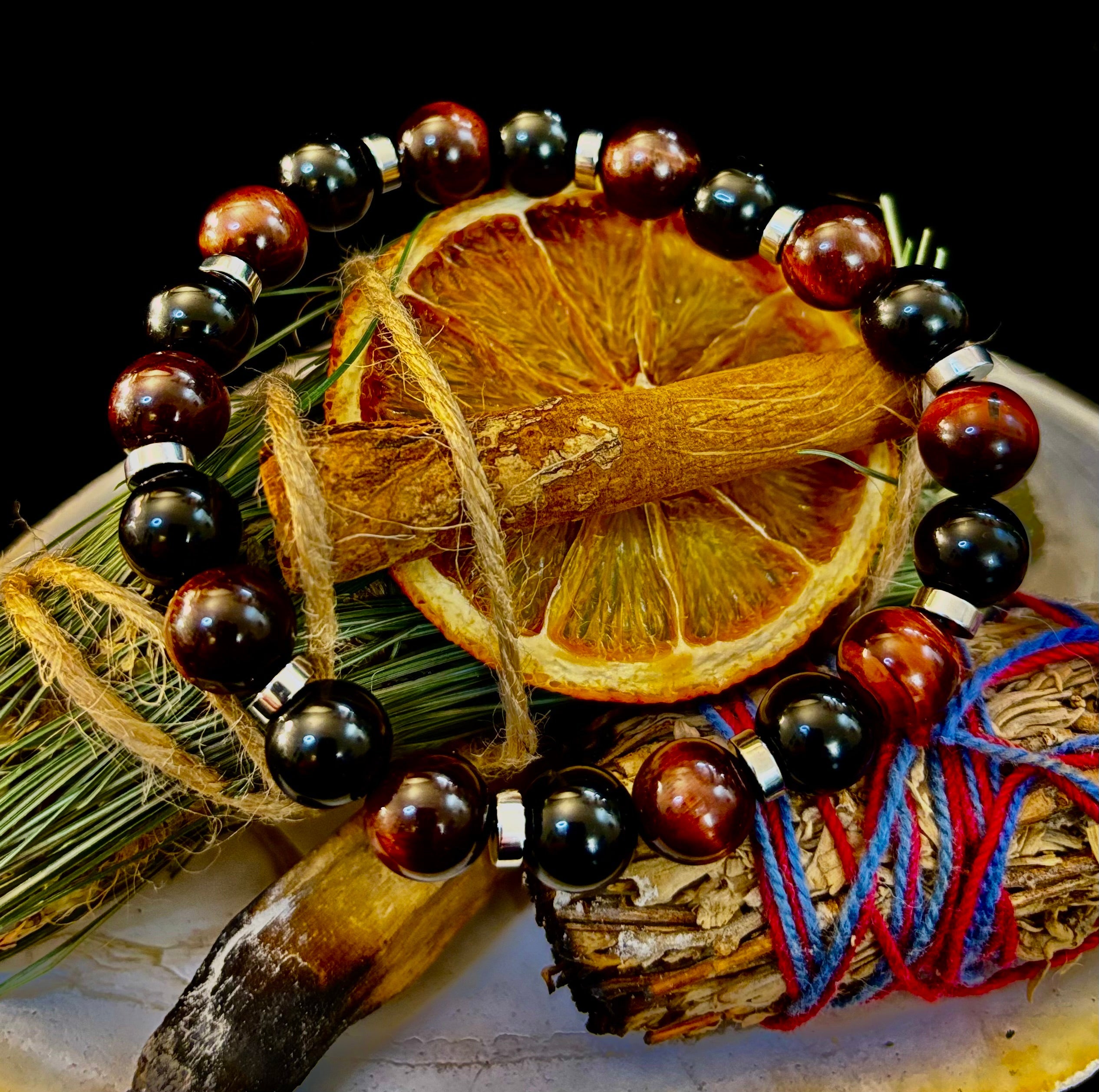 Tiger’s Eye & Black Onyx Power Bracelet — Handmade in Puerto Vallarta Mexico — Protection & Confidence Stone Bracelet for Large Wrists | | Wiccan Center