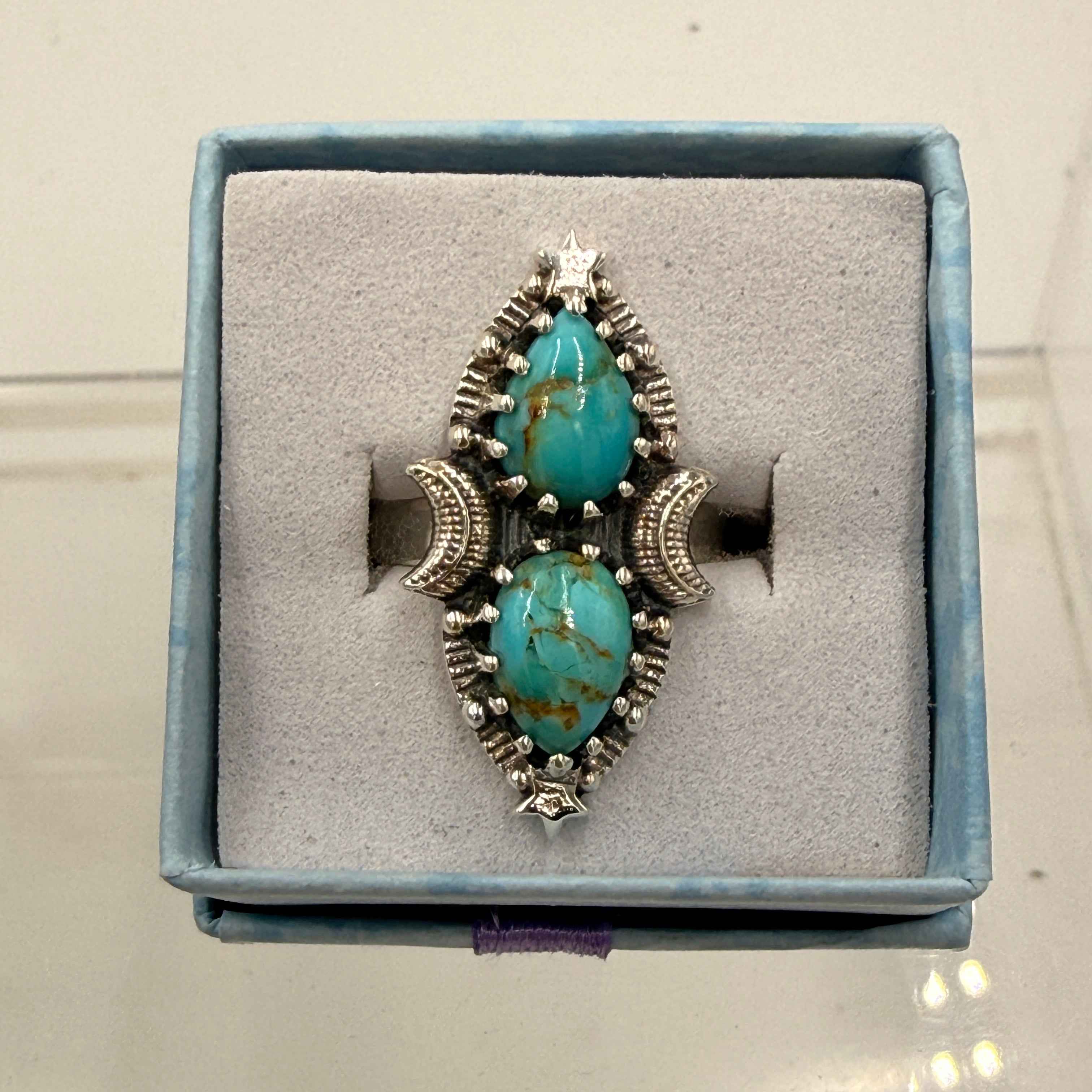Sterling Silver Double Teardrop Celestial Turquoise Ring - Size 7 - Protective, Calming & Communicative | Rings | Wiccan Center