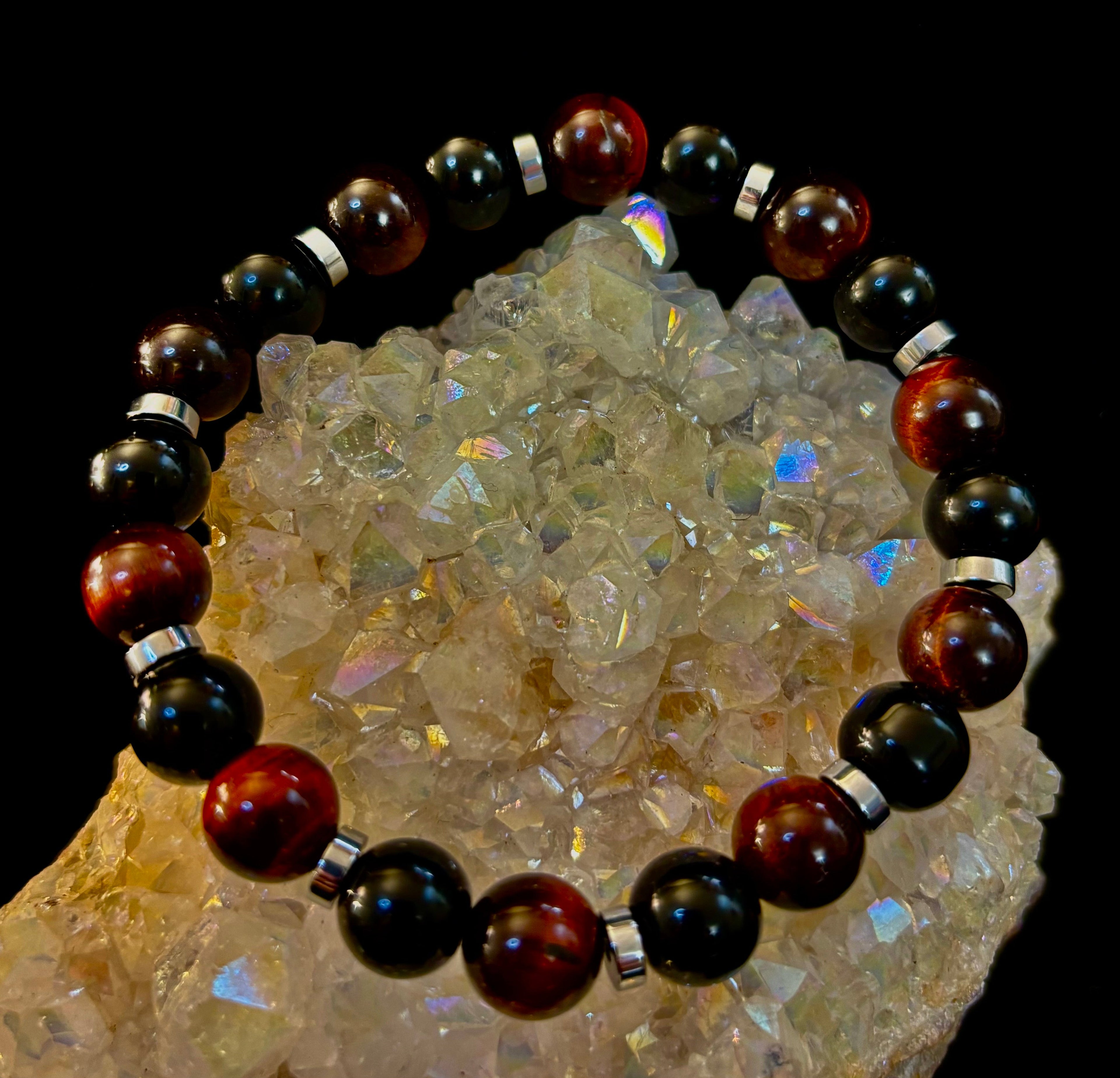 Tiger’s Eye & Black Onyx Power Bracelet — Handmade in Puerto Vallarta Mexico — Protection & Confidence Stone Bracelet for Large Wrists | | Wiccan Center