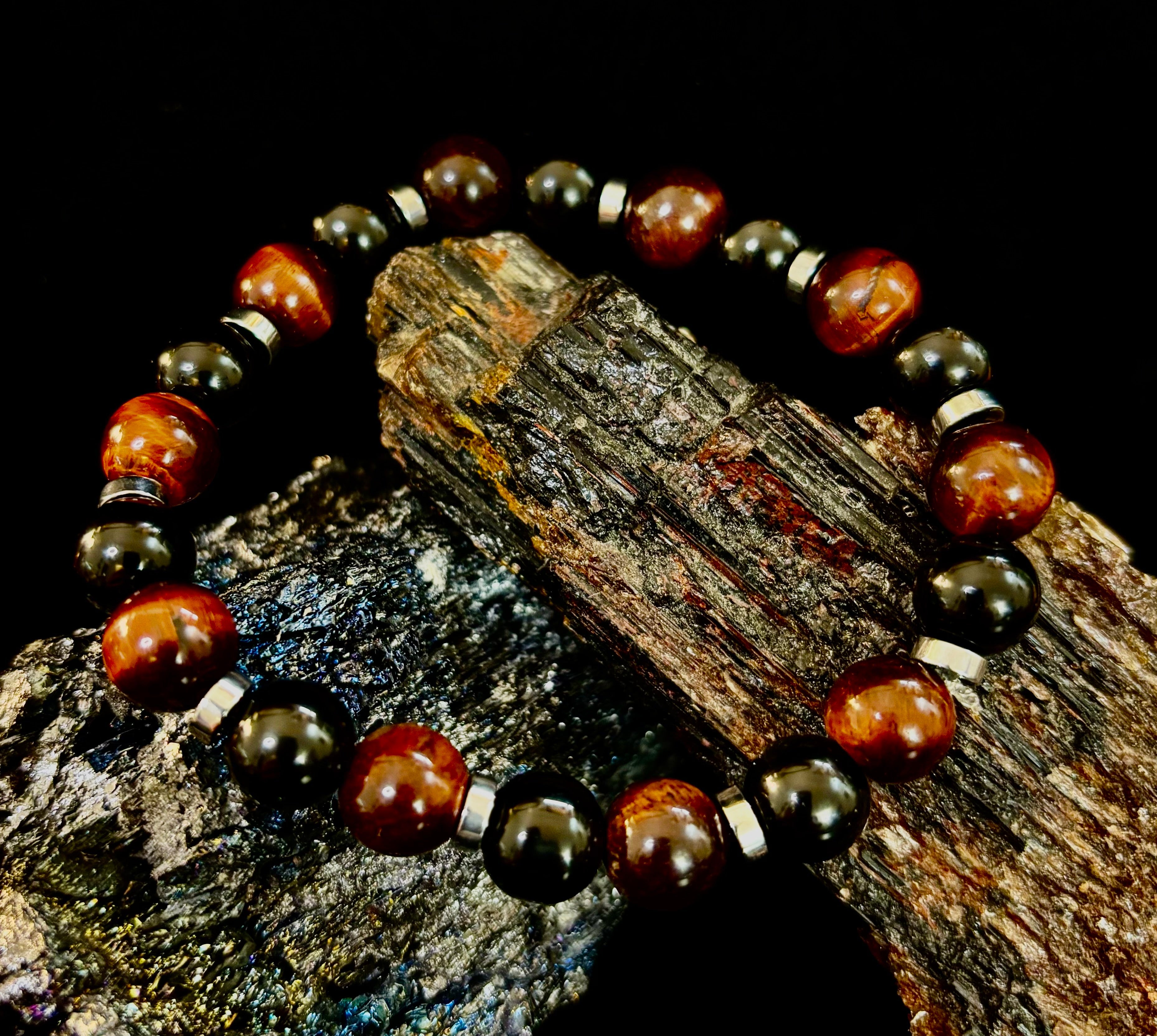 Tiger’s Eye & Black Onyx Power Bracelet — Handmade in Puerto Vallarta Mexico — Protection & Confidence Stone Bracelet for Large Wrists | | Wiccan Center