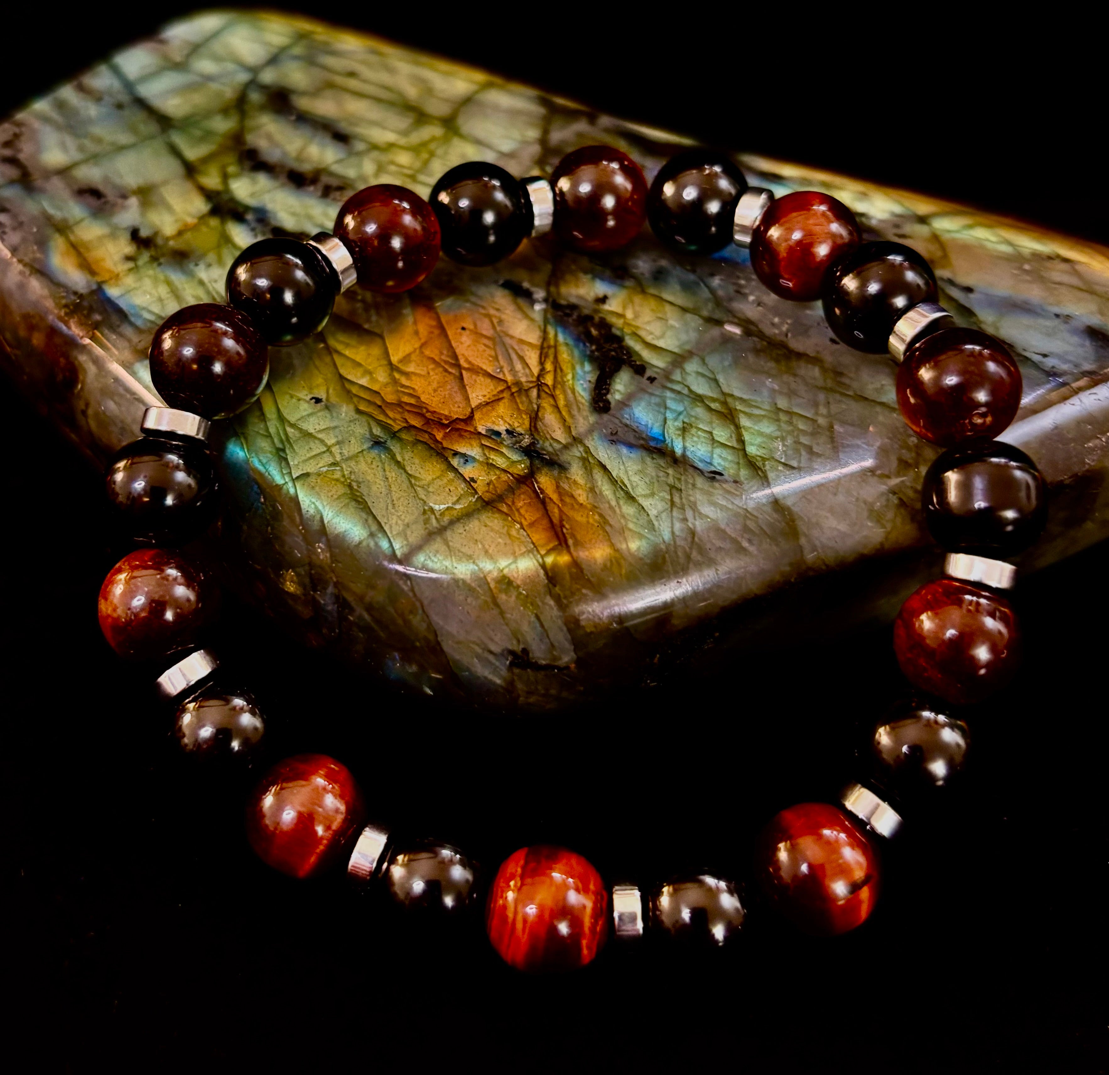 Tiger’s Eye & Black Onyx Power Bracelet — Handmade in Puerto Vallarta Mexico — Protection & Confidence Stone Bracelet for Large Wrists | | Wiccan Center