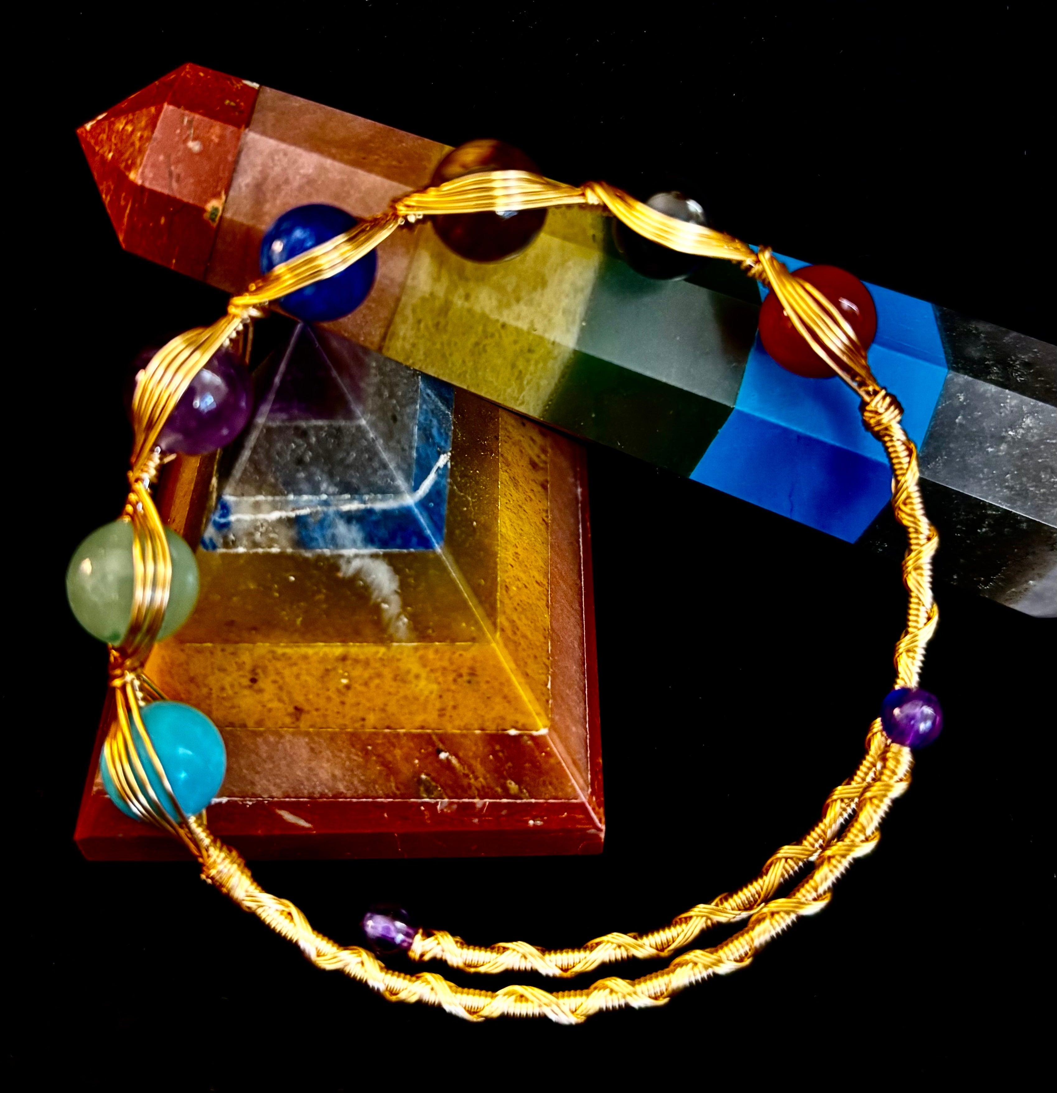 Golden Energy Flow Chakra Bracelet — Mixed Gemstone Wire Wrap | | Wiccan Center
