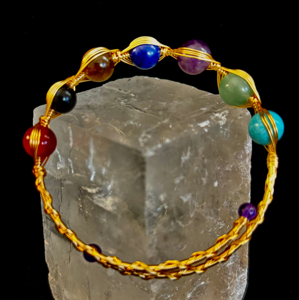 Golden Energy Flow Chakra Bracelet — Mixed Gemstone Wire Wrap | | Wiccan Center