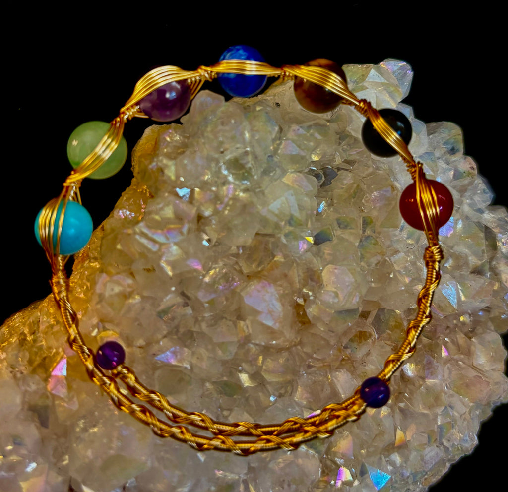 Golden Energy Flow Chakra Bracelet — Mixed Gemstone Wire Wrap | | Wiccan Center