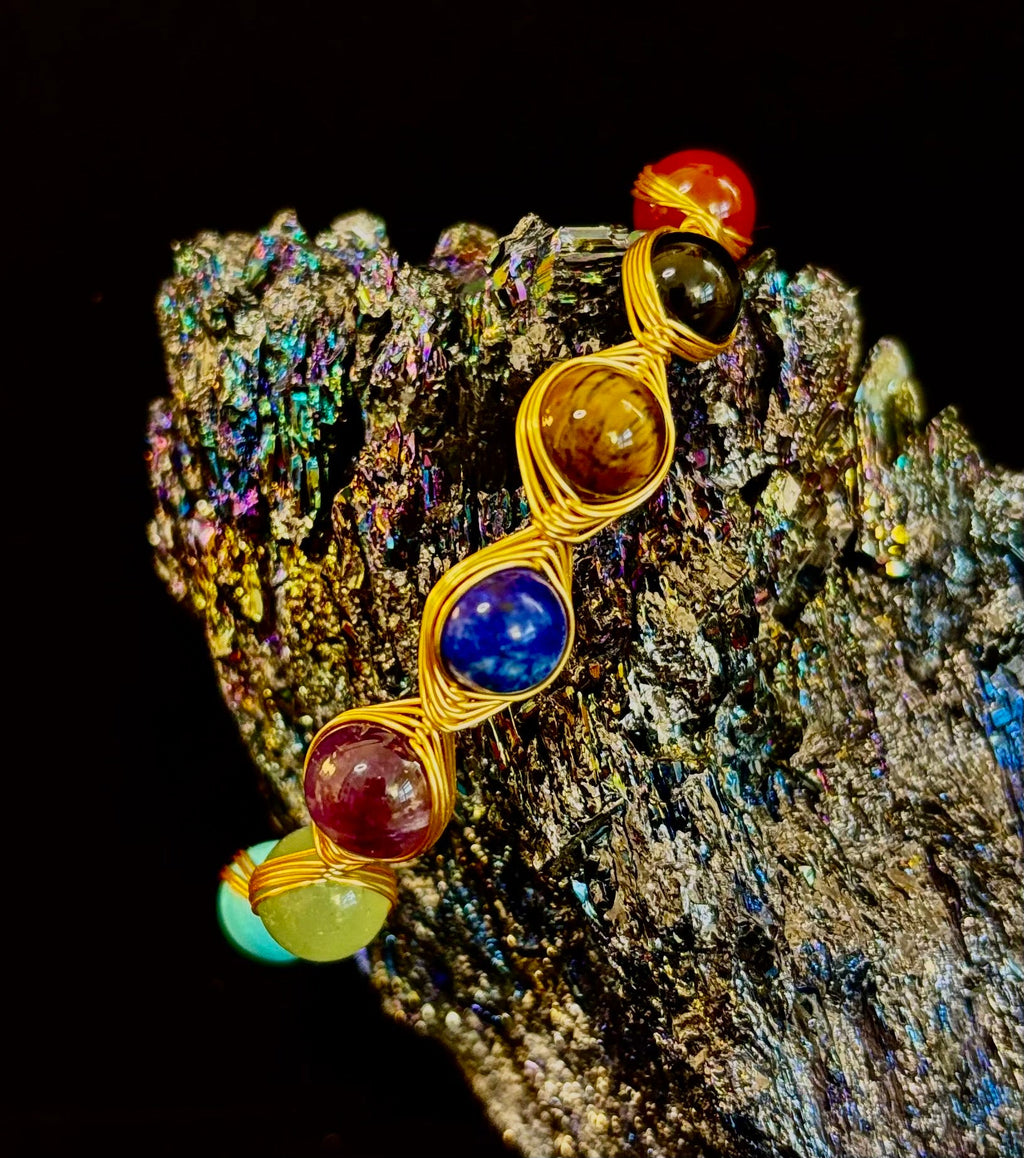 Golden Energy Flow Chakra Bracelet — Mixed Gemstone Wire Wrap | | Wiccan Center