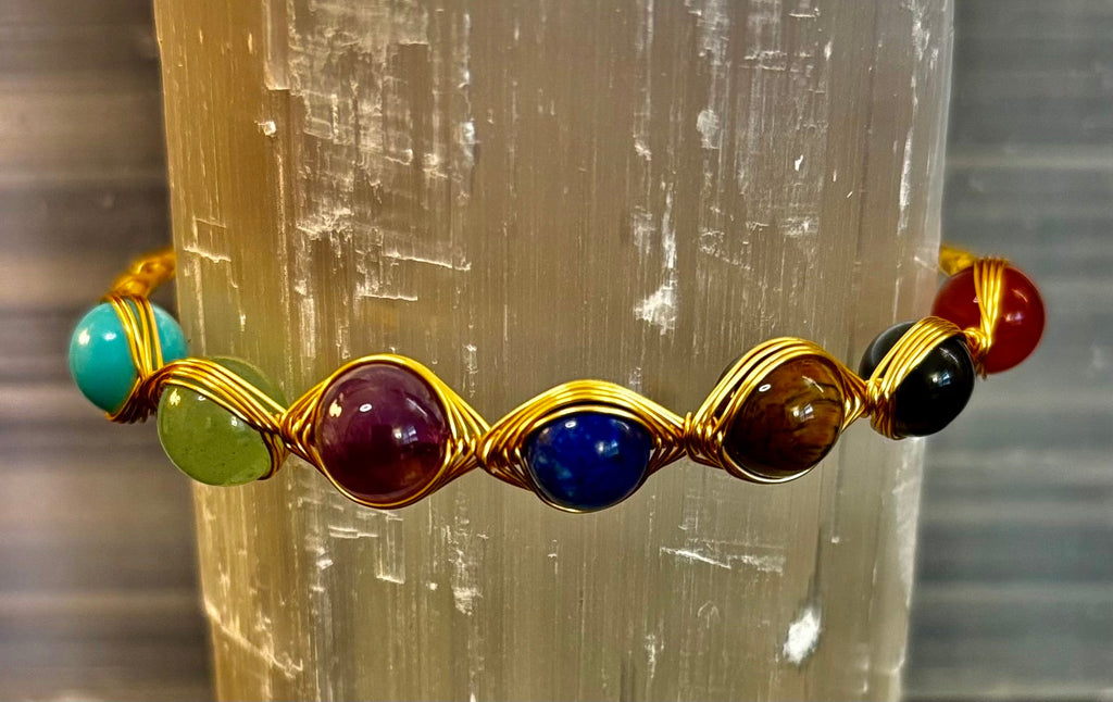 Golden Energy Flow Chakra Bracelet — Mixed Gemstone Wire Wrap | | Wiccan Center