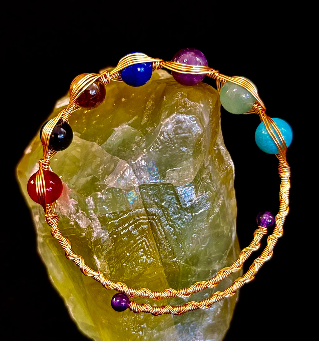 Golden Energy Flow Chakra Bracelet — Mixed Gemstone Wire Wrap | | Wiccan Center