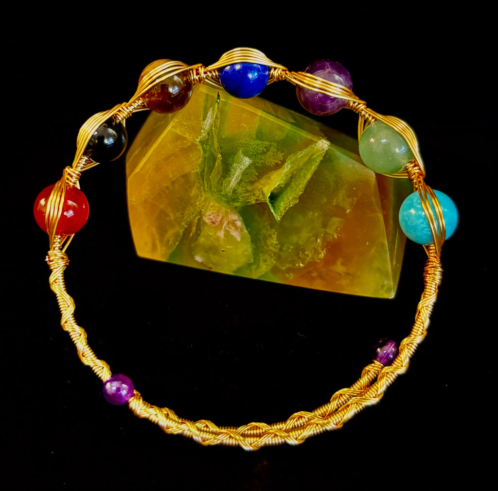 Golden Energy Flow Chakra Bracelet — Mixed Gemstone Wire Wrap | | Wiccan Center