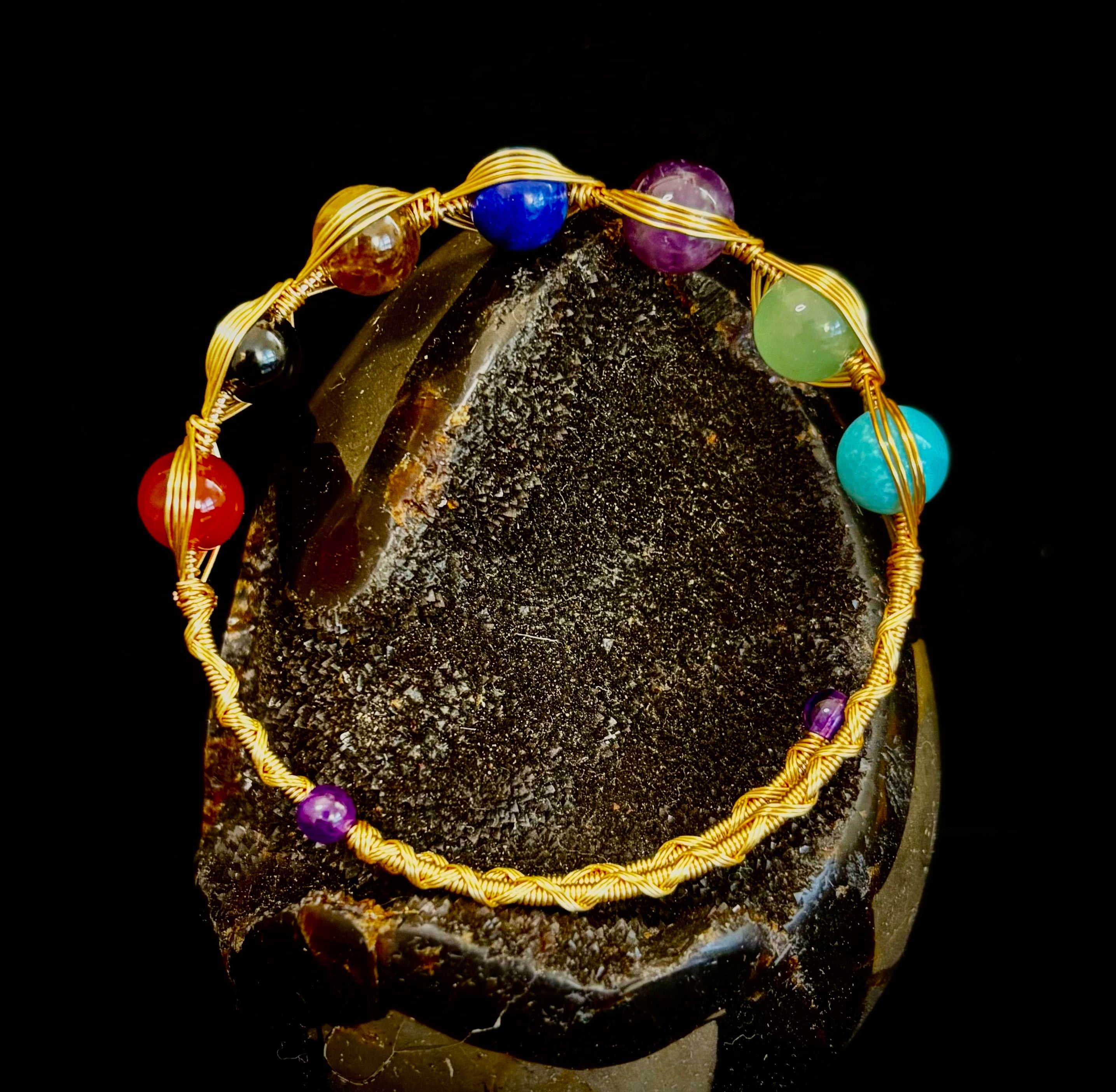 Golden Energy Flow Chakra Bracelet — Mixed Gemstone Wire Wrap | | Wiccan Center