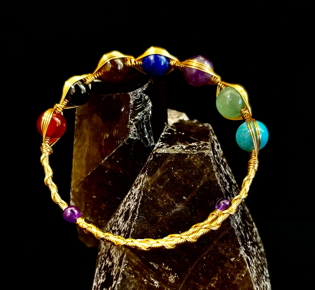 Golden Energy Flow Chakra Bracelet — Mixed Gemstone Wire Wrap | | Wiccan Center
