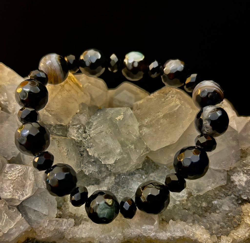 Puerto Vallarta Midnight Agate Power Bracelet — Faceted Black Agate & Swirled Banded Agate (Large Wrist Fit) | | Wiccan Center