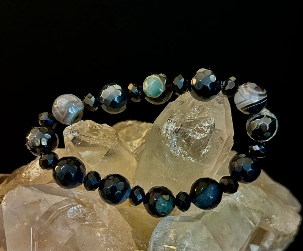Puerto Vallarta Midnight Agate Power Bracelet — Faceted Black Agate & Swirled Banded Agate (Large Wrist Fit) | | Wiccan Center