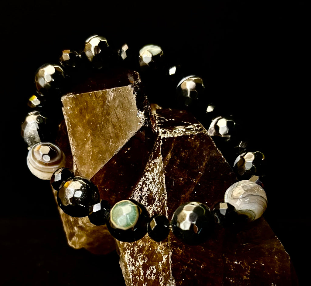 Puerto Vallarta Midnight Agate Power Bracelet — Faceted Black Agate & Swirled Banded Agate (Large Wrist Fit) | | Wiccan Center