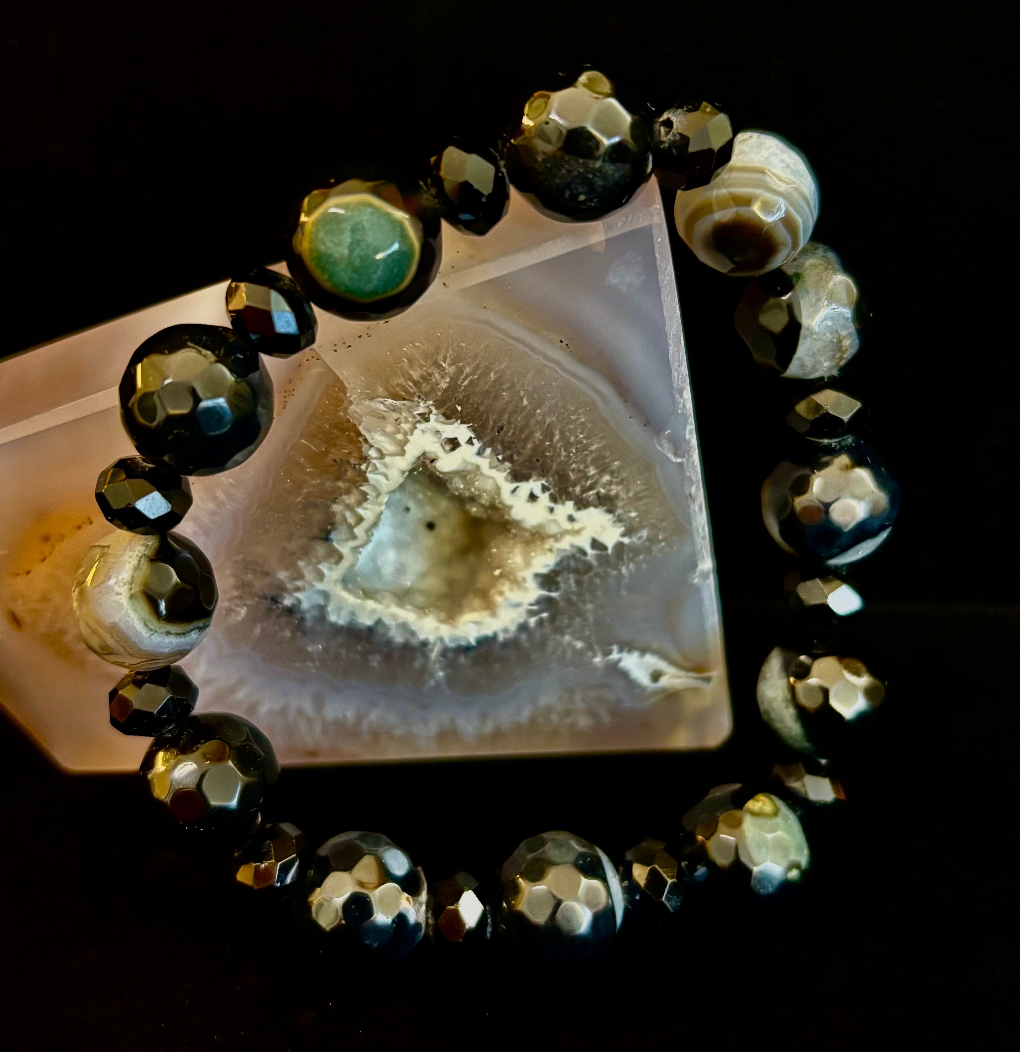Puerto Vallarta Midnight Agate Power Bracelet — Faceted Black Agate & Swirled Banded Agate (Large Wrist Fit) | | Wiccan Center