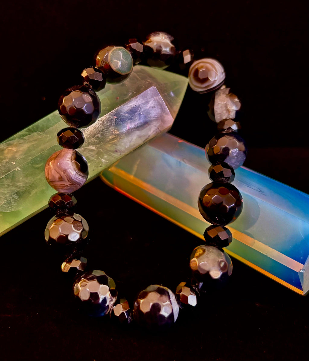 Puerto Vallarta Midnight Agate Power Bracelet — Faceted Black Agate & Swirled Banded Agate (Large Wrist Fit) | | Wiccan Center