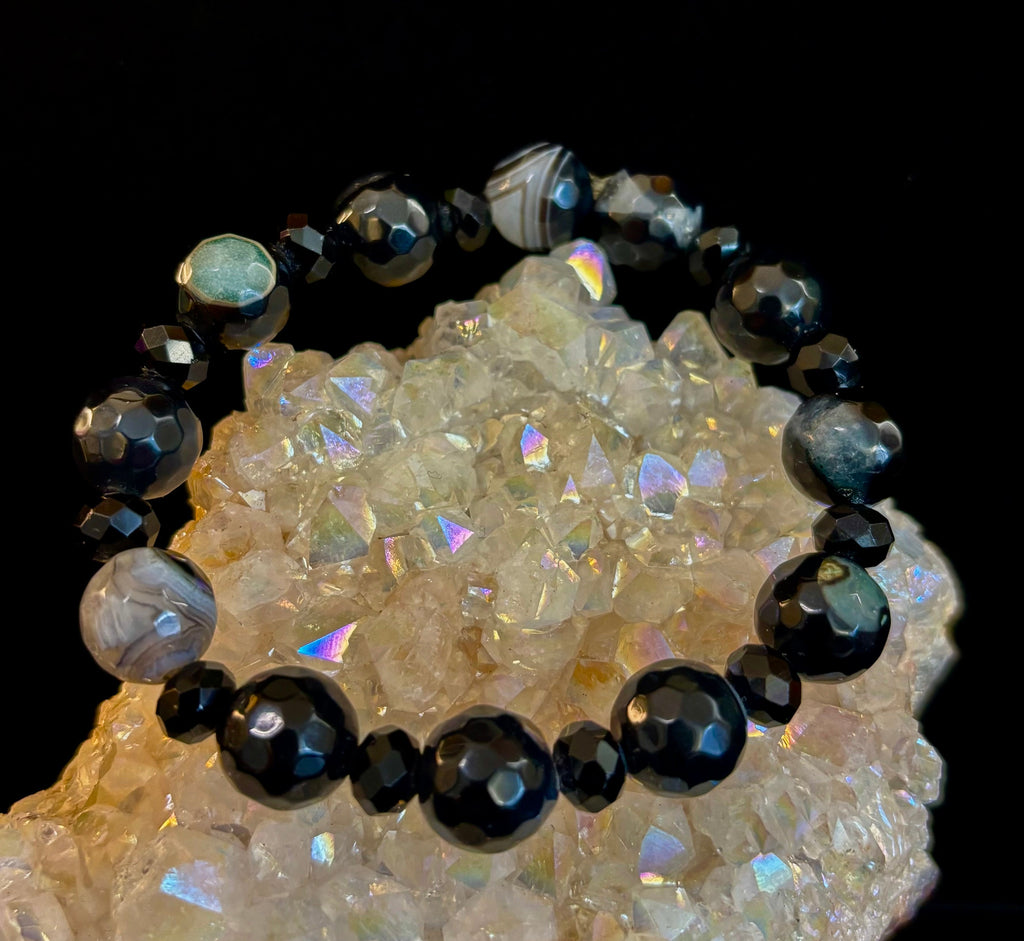 Puerto Vallarta Midnight Agate Power Bracelet — Faceted Black Agate & Swirled Banded Agate (Large Wrist Fit) | | Wiccan Center