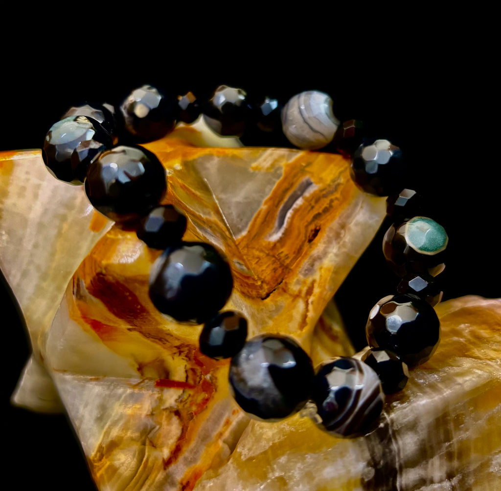 Puerto Vallarta Midnight Agate Power Bracelet — Faceted Black Agate & Swirled Banded Agate (Large Wrist Fit) | | Wiccan Center