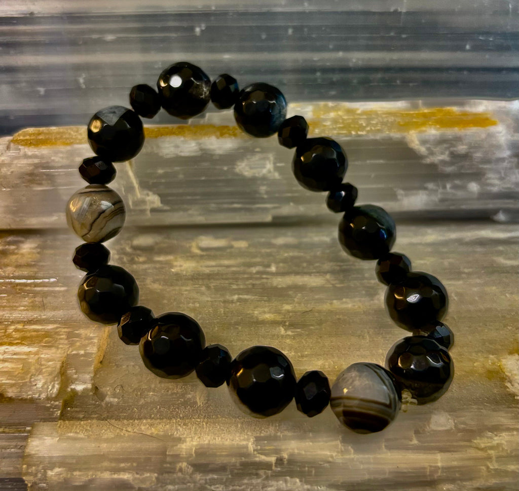 Puerto Vallarta Midnight Agate Power Bracelet — Faceted Black Agate & Swirled Banded Agate (Large Wrist Fit) | | Wiccan Center