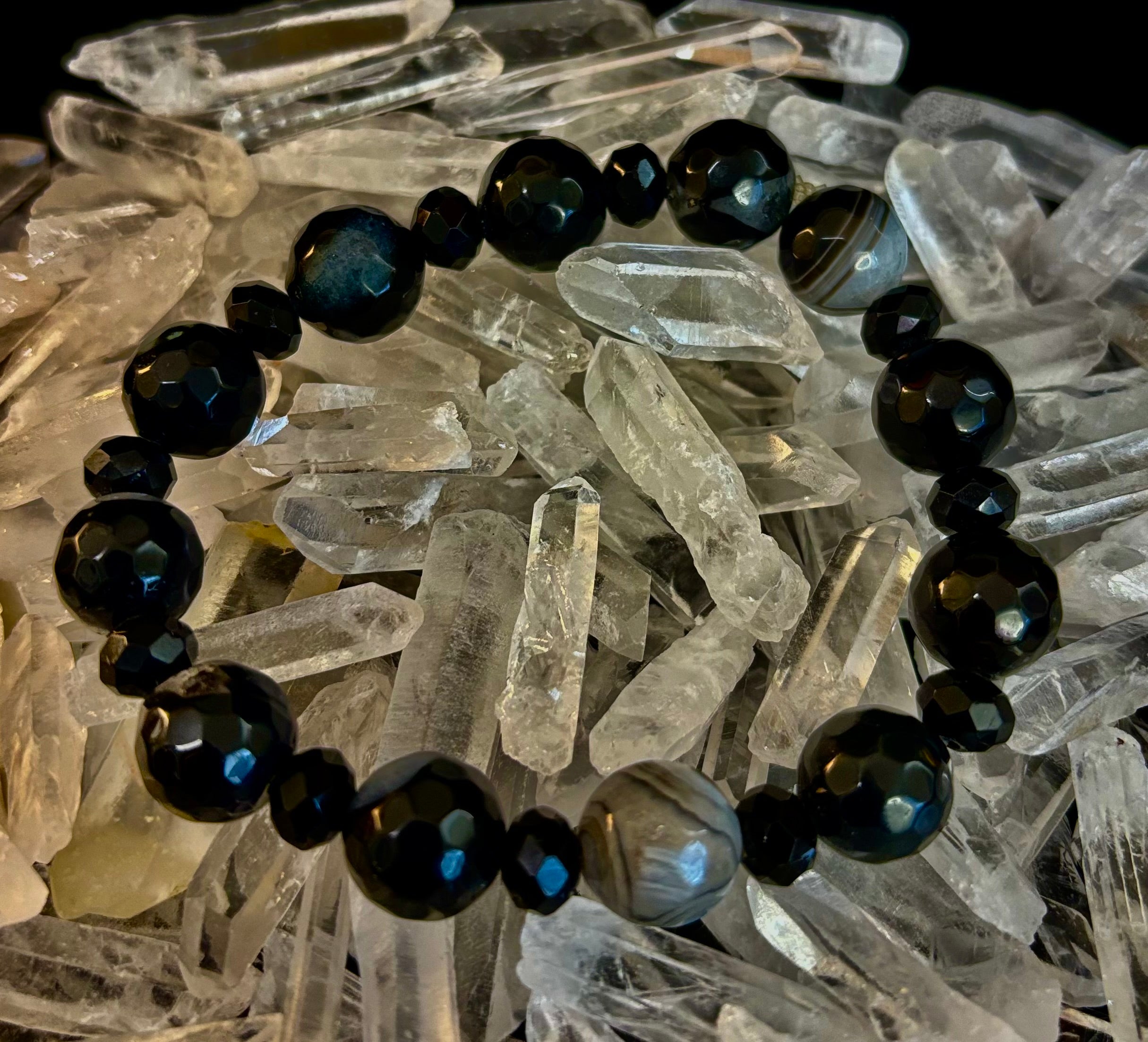 Puerto Vallarta Midnight Agate Power Bracelet — Faceted Black Agate & Swirled Banded Agate (Large Wrist Fit) | | Wiccan Center