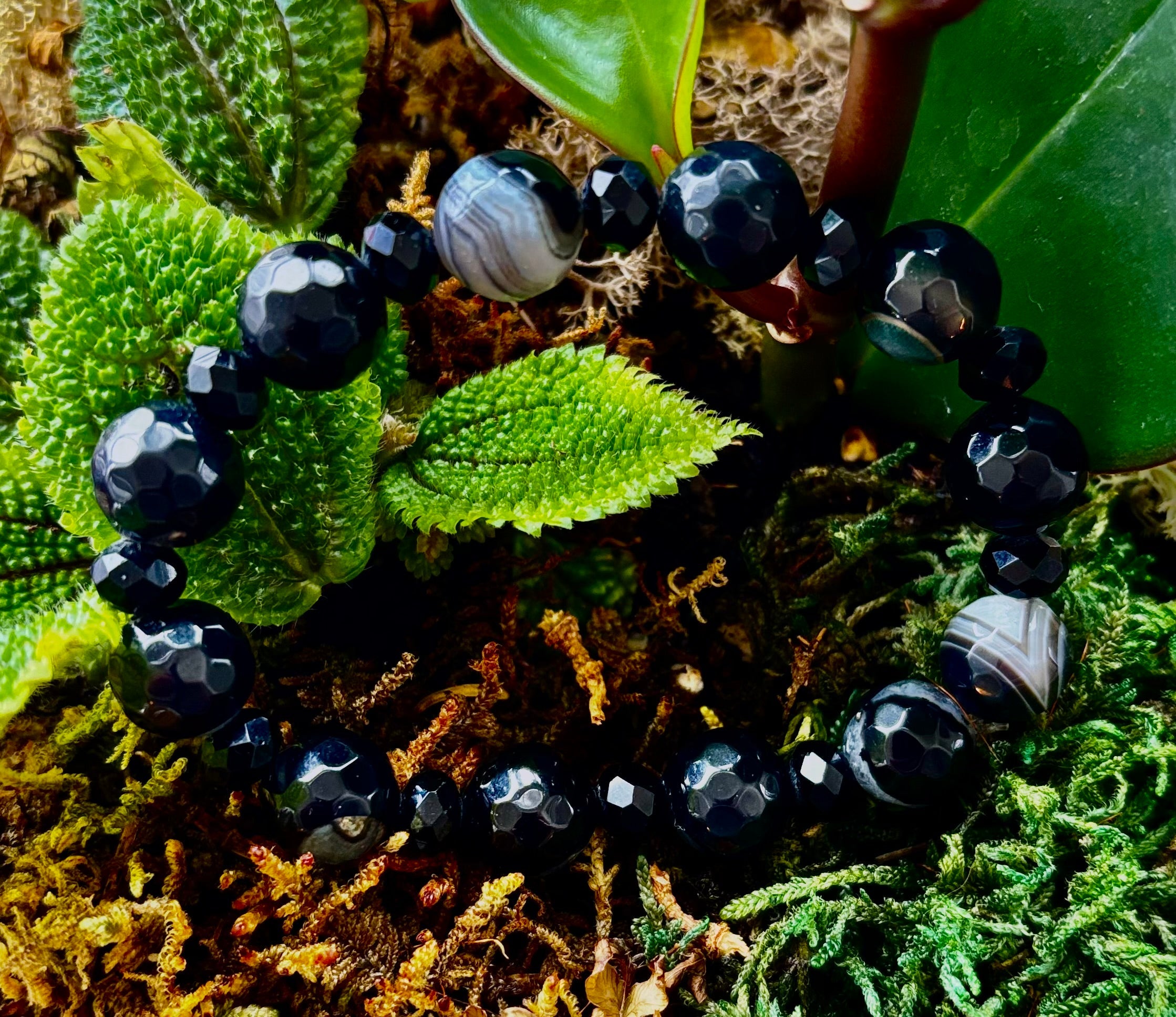 Puerto Vallarta Midnight Agate Power Bracelet — Faceted Black Agate & Swirled Banded Agate (Large Wrist Fit) | | Wiccan Center