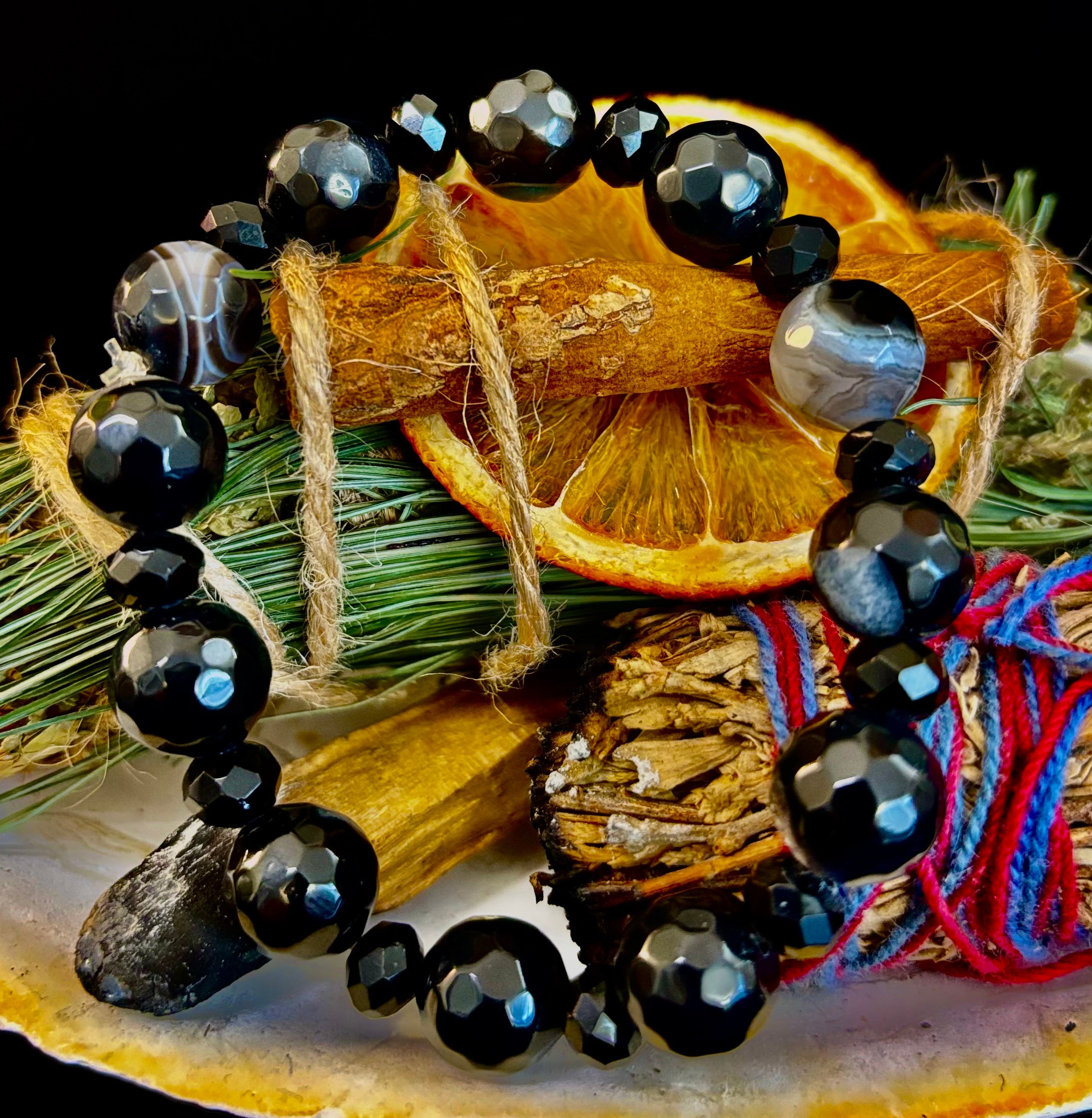 Puerto Vallarta Midnight Agate Power Bracelet — Faceted Black Agate & Swirled Banded Agate (Large Wrist Fit) | | Wiccan Center