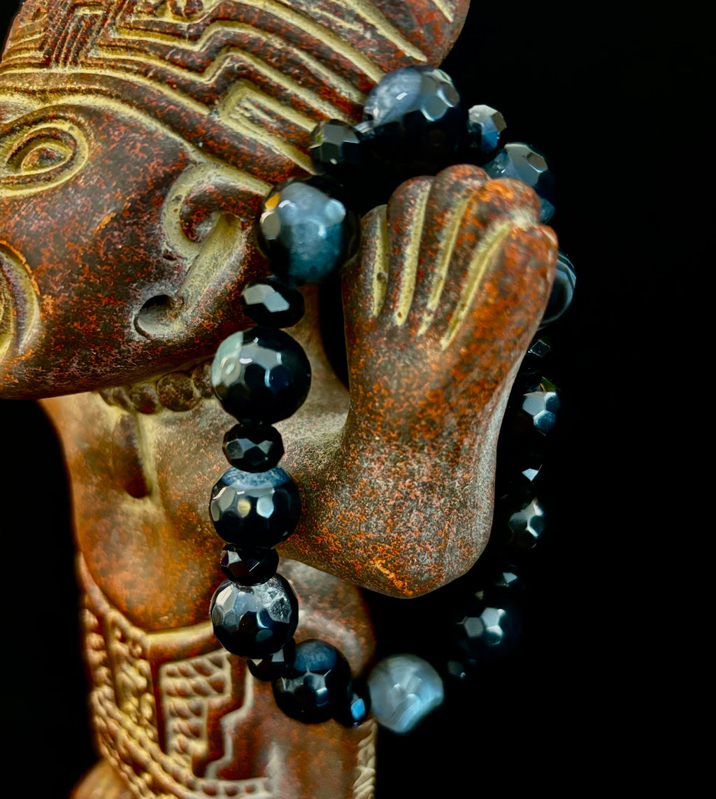 Puerto Vallarta Midnight Agate Power Bracelet — Faceted Black Agate & Swirled Banded Agate (Large Wrist Fit) | | Wiccan Center
