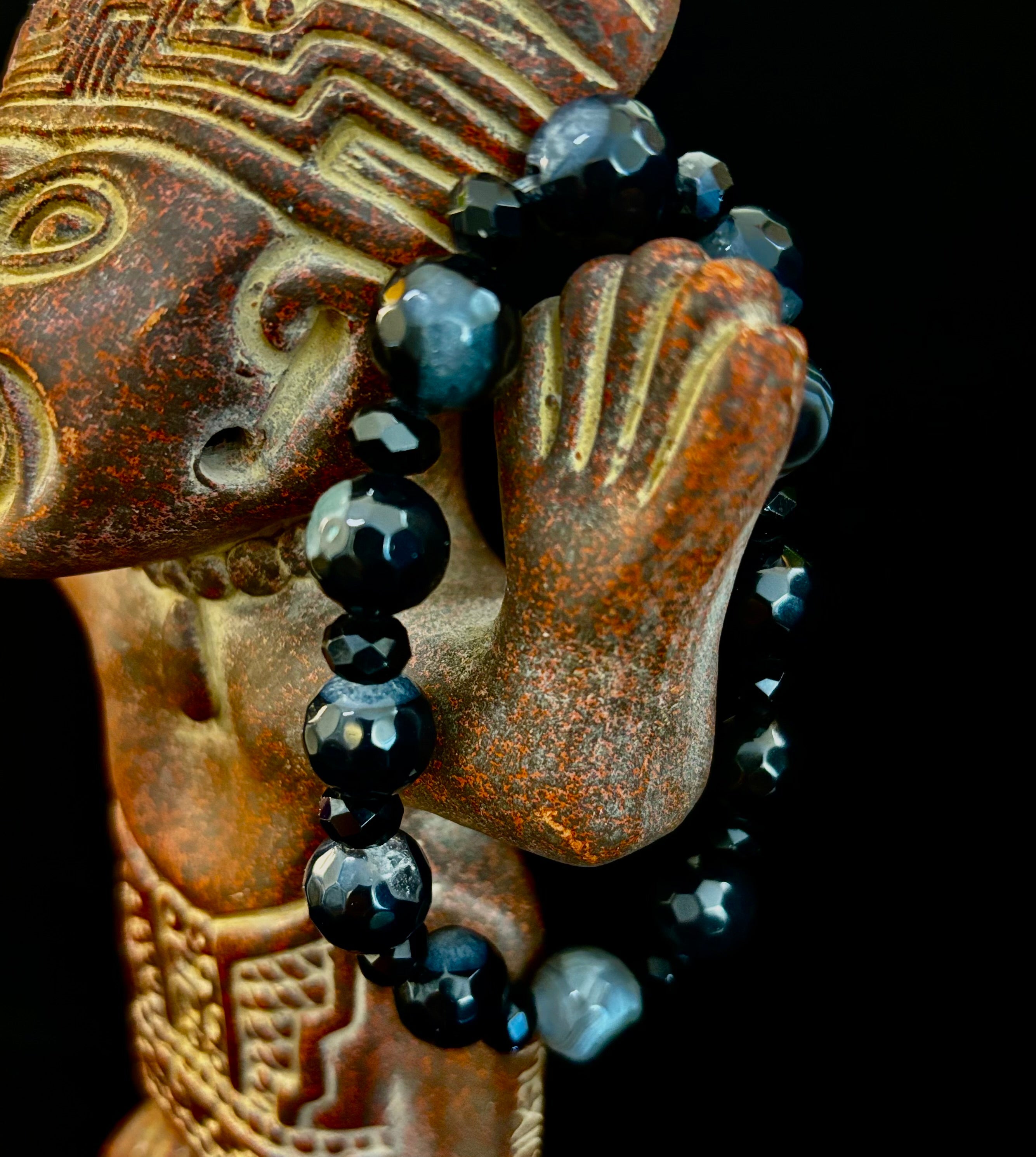 Puerto Vallarta Midnight Agate Power Bracelet — Faceted Black Agate & Swirled Banded Agate (Large Wrist Fit) | | Wiccan Center