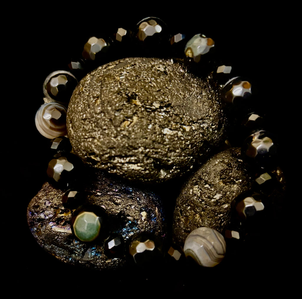 Puerto Vallarta Midnight Agate Power Bracelet — Faceted Black Agate & Swirled Banded Agate (Large Wrist Fit) | | Wiccan Center