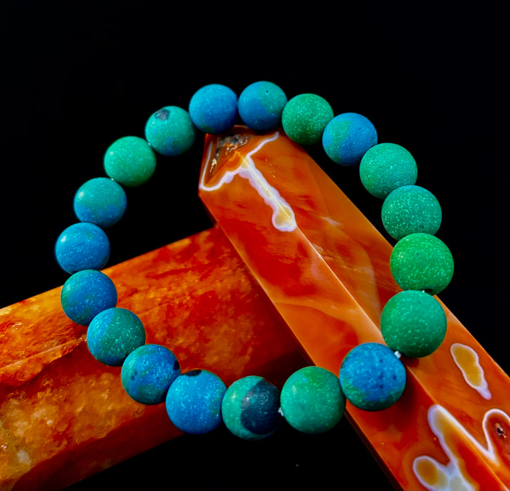 Matte Azurite Energy Bracelet — Genuine 10mm Blue-Green Azurite Stretch Bracelet for Medium to Large Wrists (7.25–8.5") | | Wiccan Center