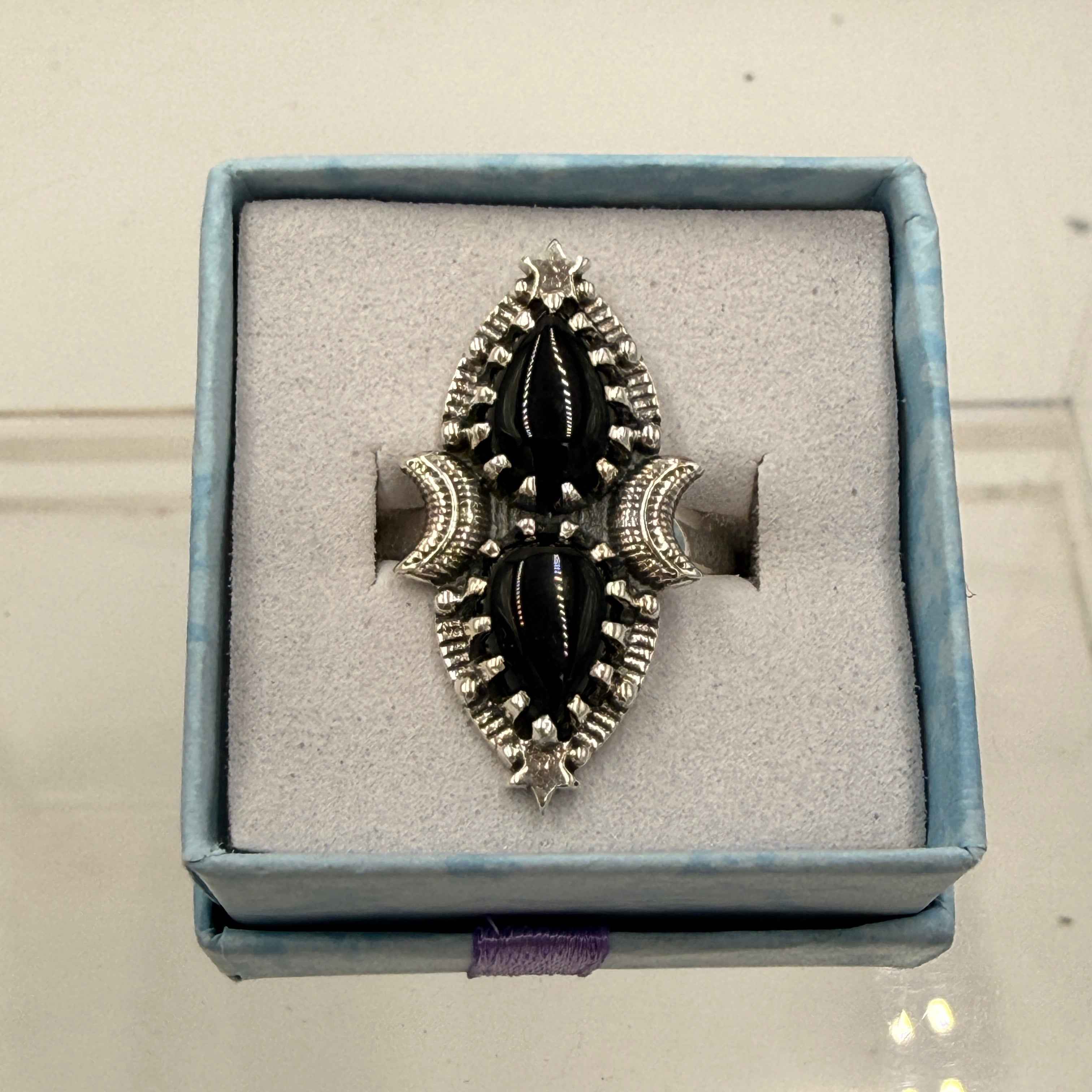Sterling Silver Double Teardrop Celestial Black Onyx Ring - Size 9 - Protective, Grounding & Stabilizing | Rings | Wiccan Center