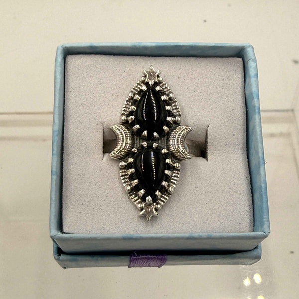 Sterling Silver Double Teardrop Celestial Black Onyx Ring - Size 9 - Protective, Grounding & Stabilizing | Rings | Wiccan Center