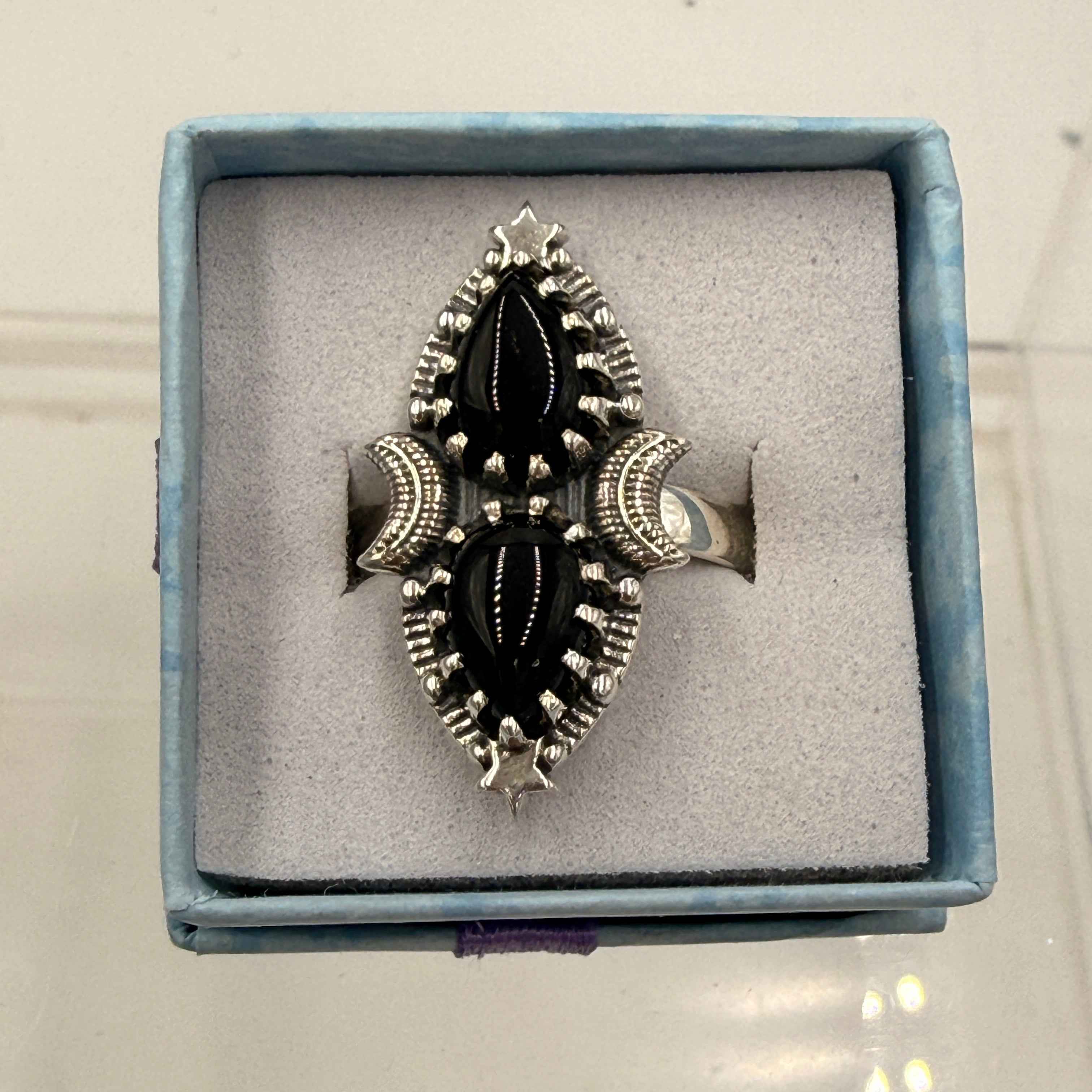 Sterling Silver Double Teardrop Celestial Black Onyx Ring - Size 9 - Protective, Grounding & Stabilizing | Rings | Wiccan Center